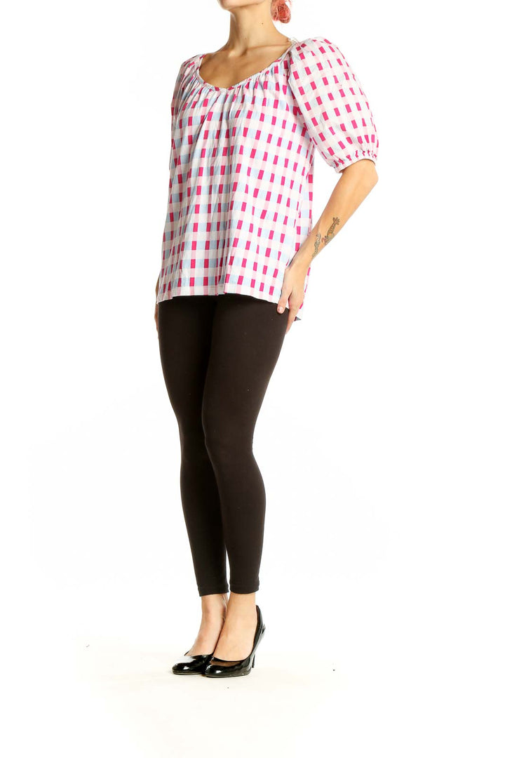 Front view of Charter Club pink and white checkered puff sleeve top