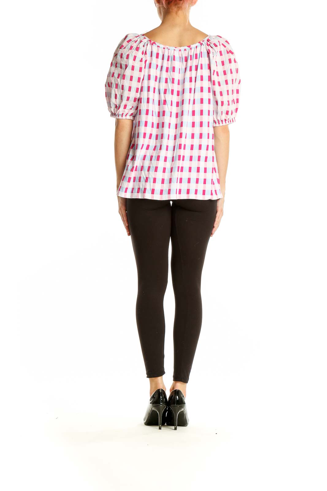 Side view of Charter Club pink and white checkered puff sleeve top on model