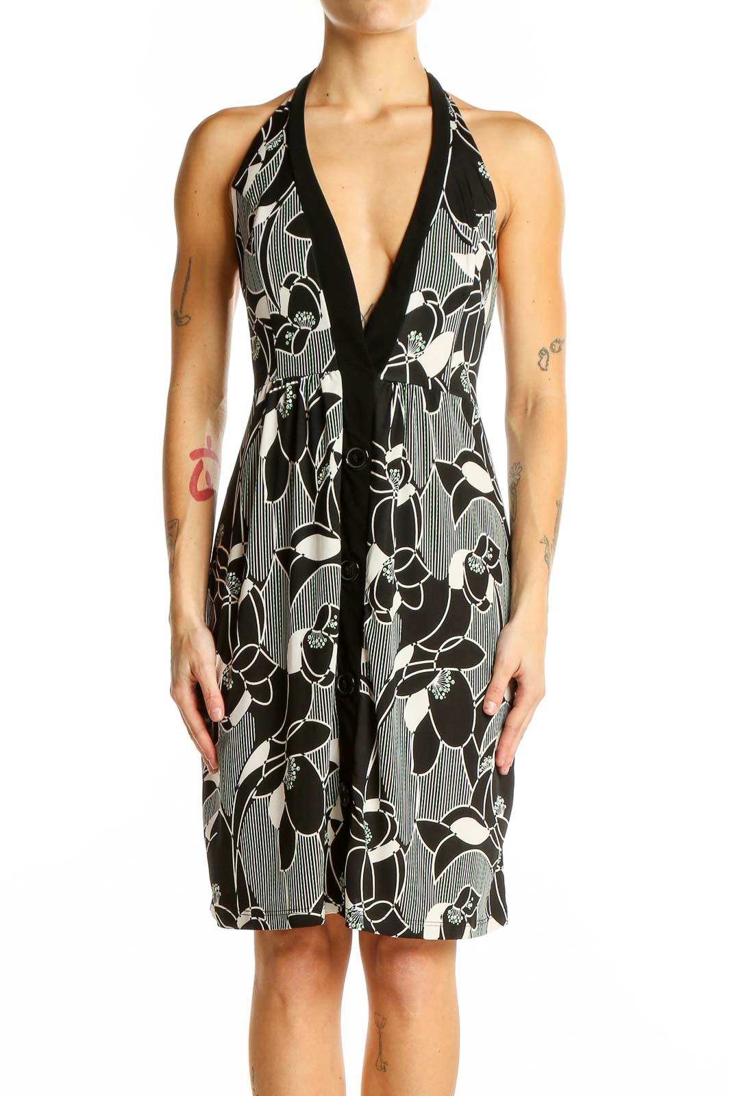 Front view of SilkRoll Black and White Floral Halter Dress with plunging neckline