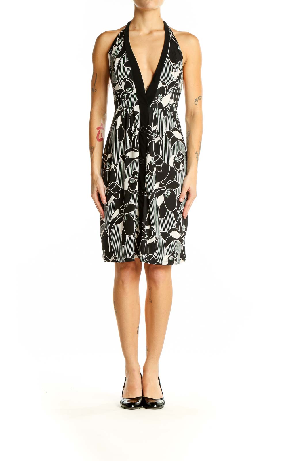 Front view of SilkRoll Black and White Floral Halter Dress with plunging neckline