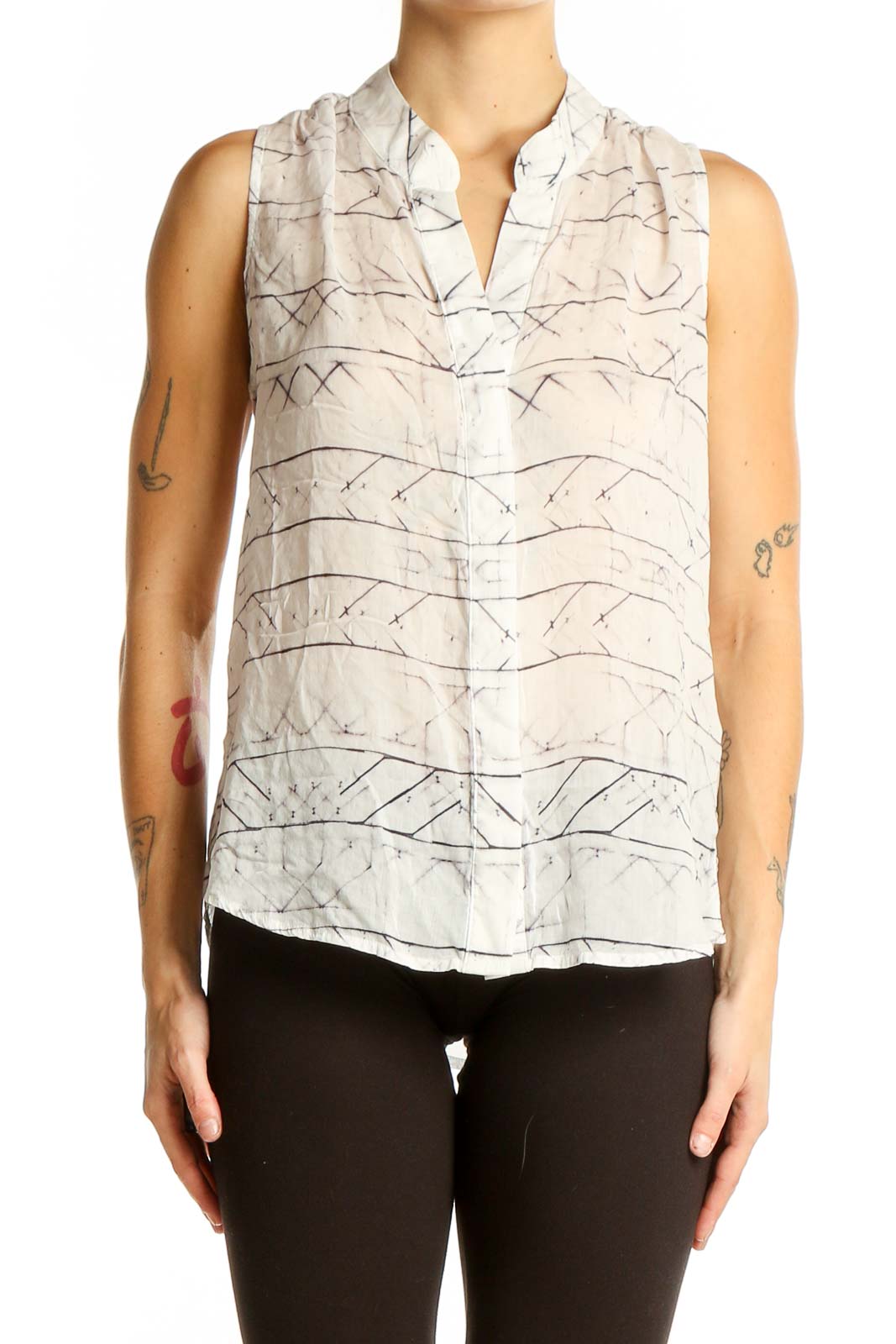 Front view of cloth & stone white sleeveless blouse with abstract pattern