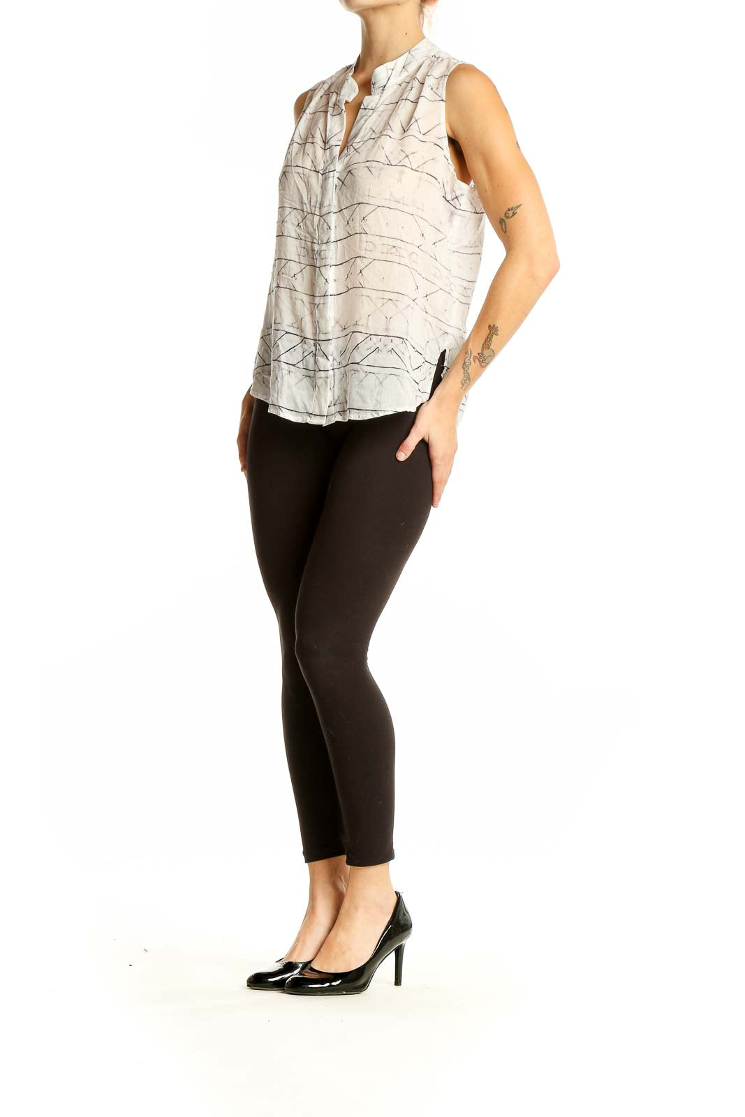 Front view of cloth & stone white sleeveless blouse with abstract pattern