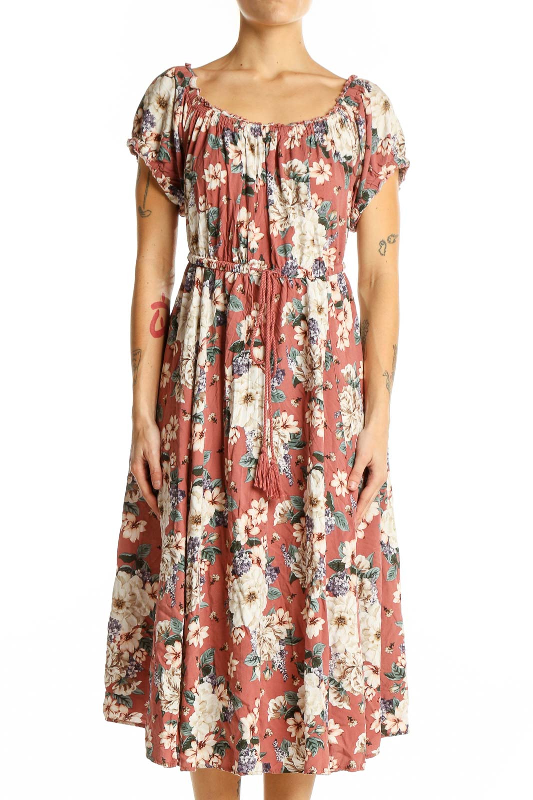 Front view of coral floral midi dress with gathered neckline and flutter sleeves