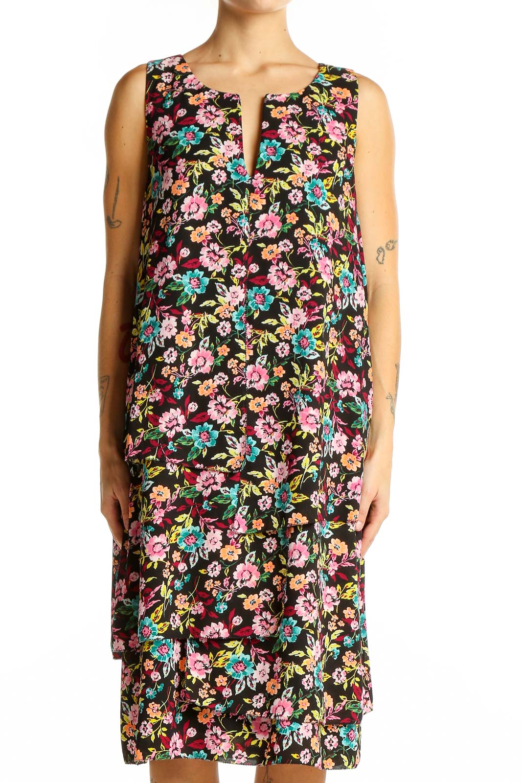 Front view of Banana Republic black floral sleeveless midi dress with multicolor print