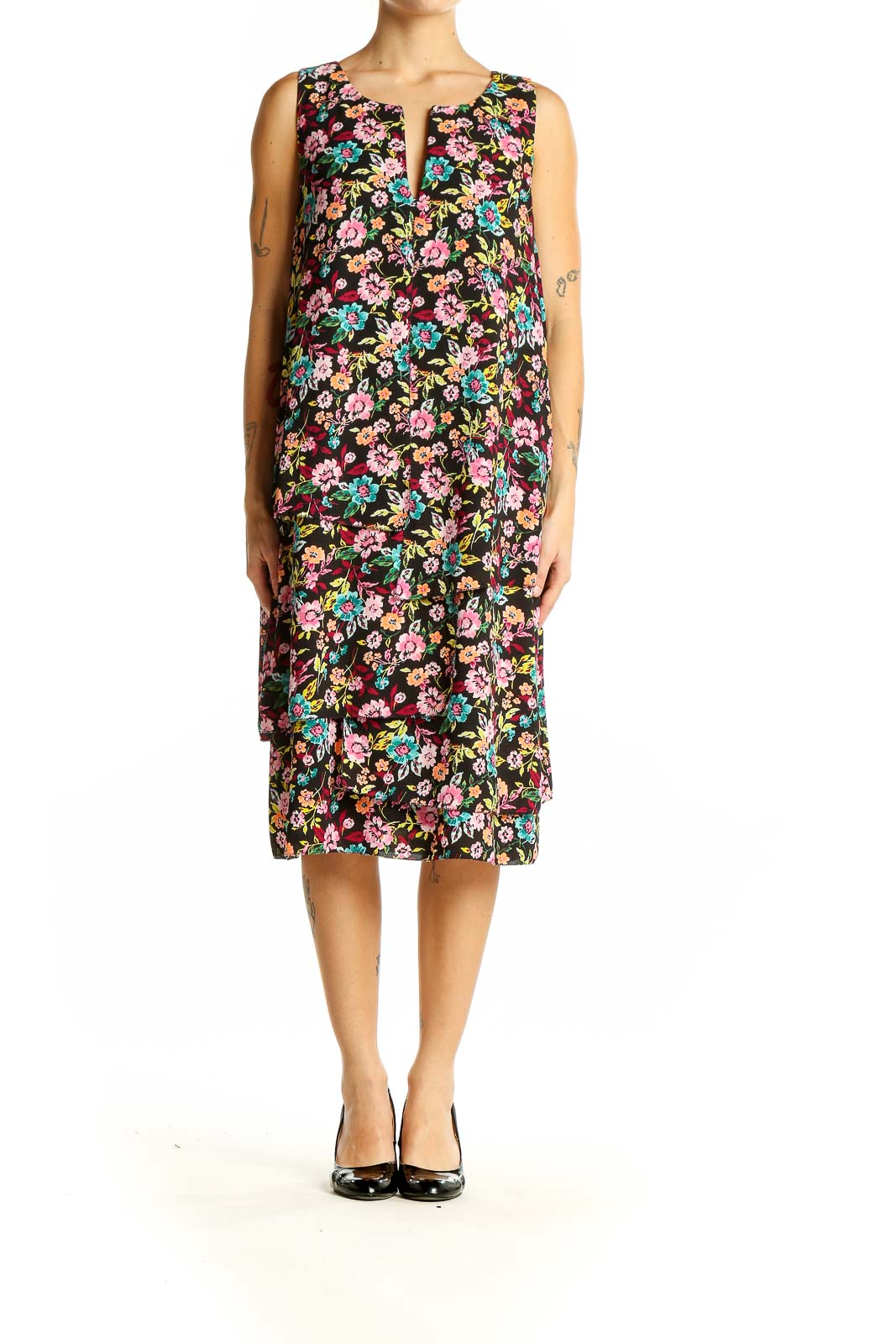 Front view of Banana Republic black floral sleeveless midi dress with multicolor print