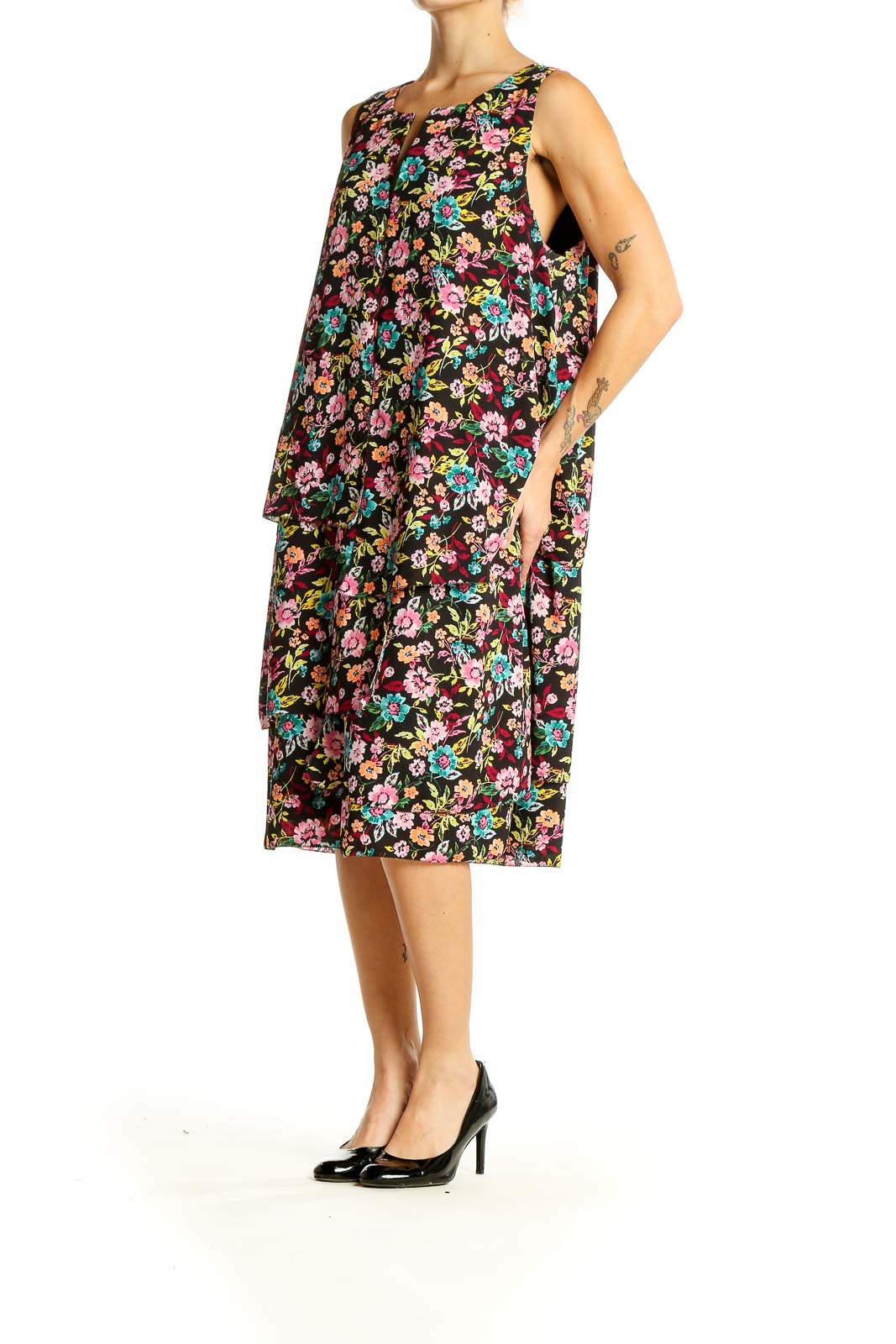 Front view of Banana Republic black floral sleeveless midi dress with multicolor print