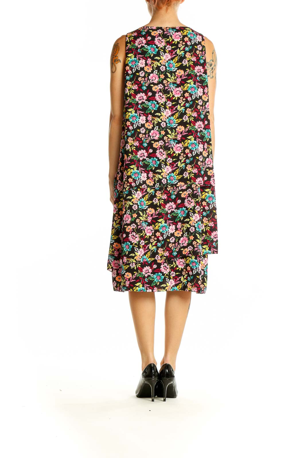 Back view of Banana Republic black floral sleeveless midi dress showing A-line silhouette