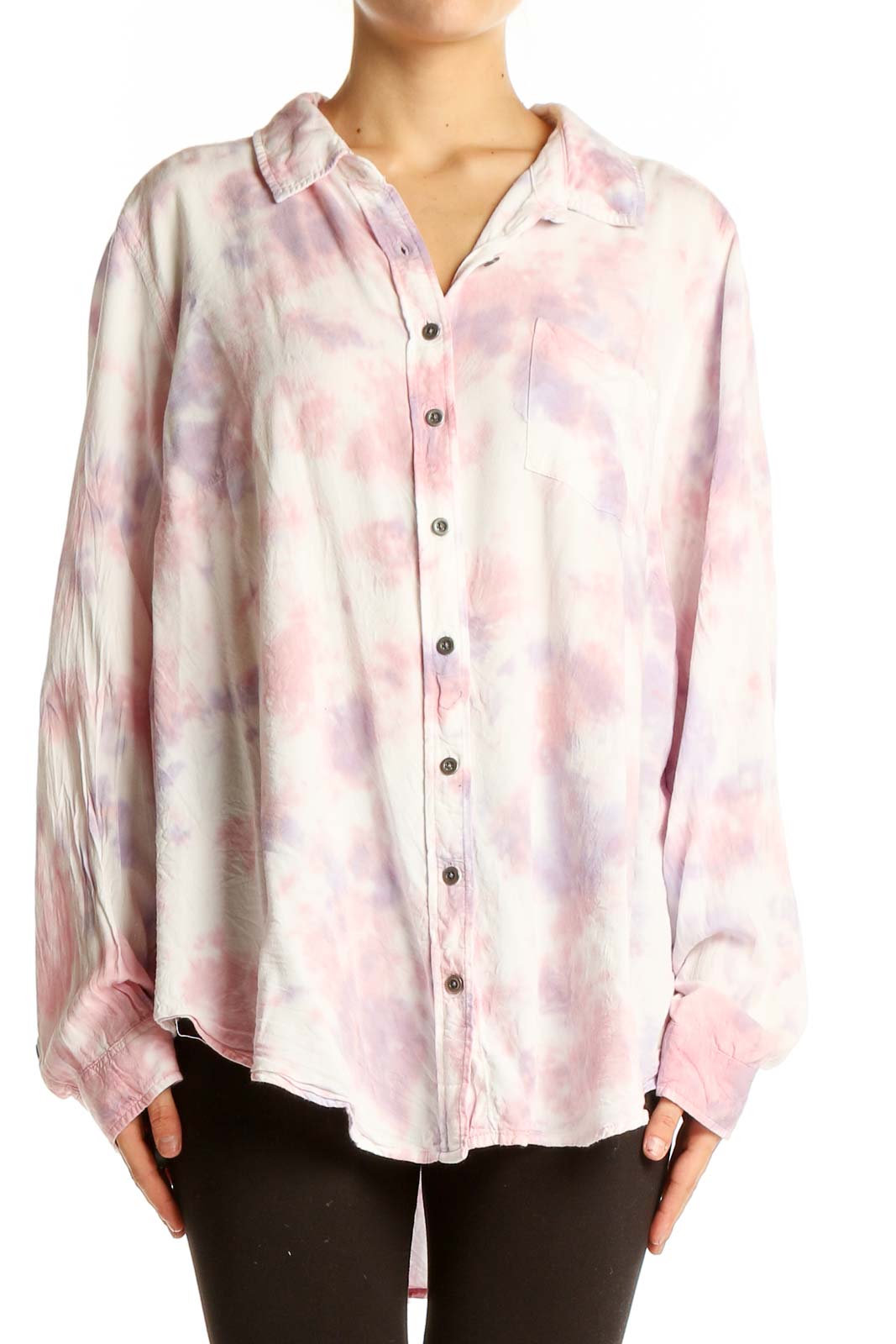 Front view of Torrid pink tie-dye rayon button-up shirt