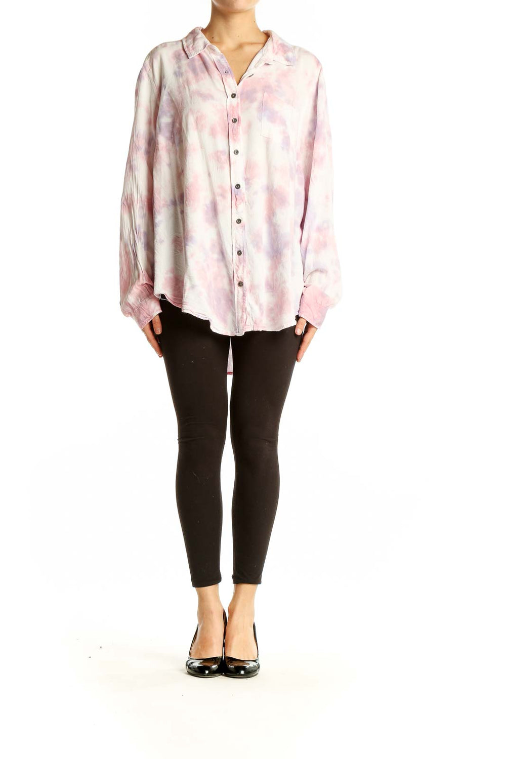 Front view of Torrid pink tie-dye rayon button-up shirt