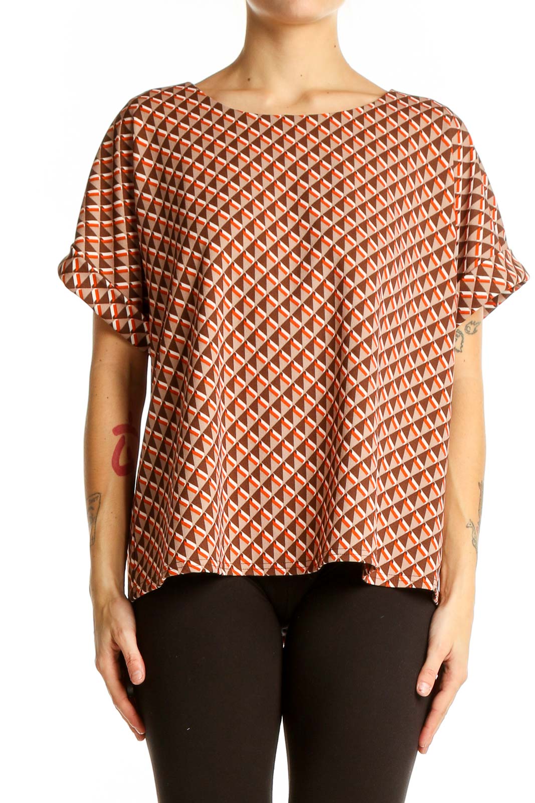 Front view of Melloday orange geometric print short sleeve blouse