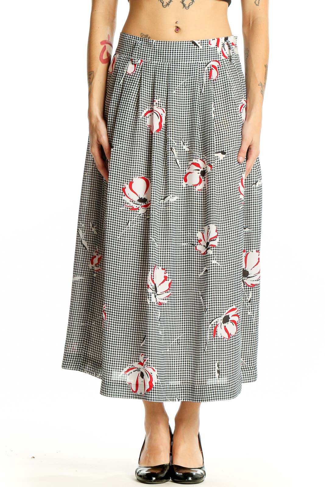 Front view of Jones New York black and white gingham midi skirt with red floral prints