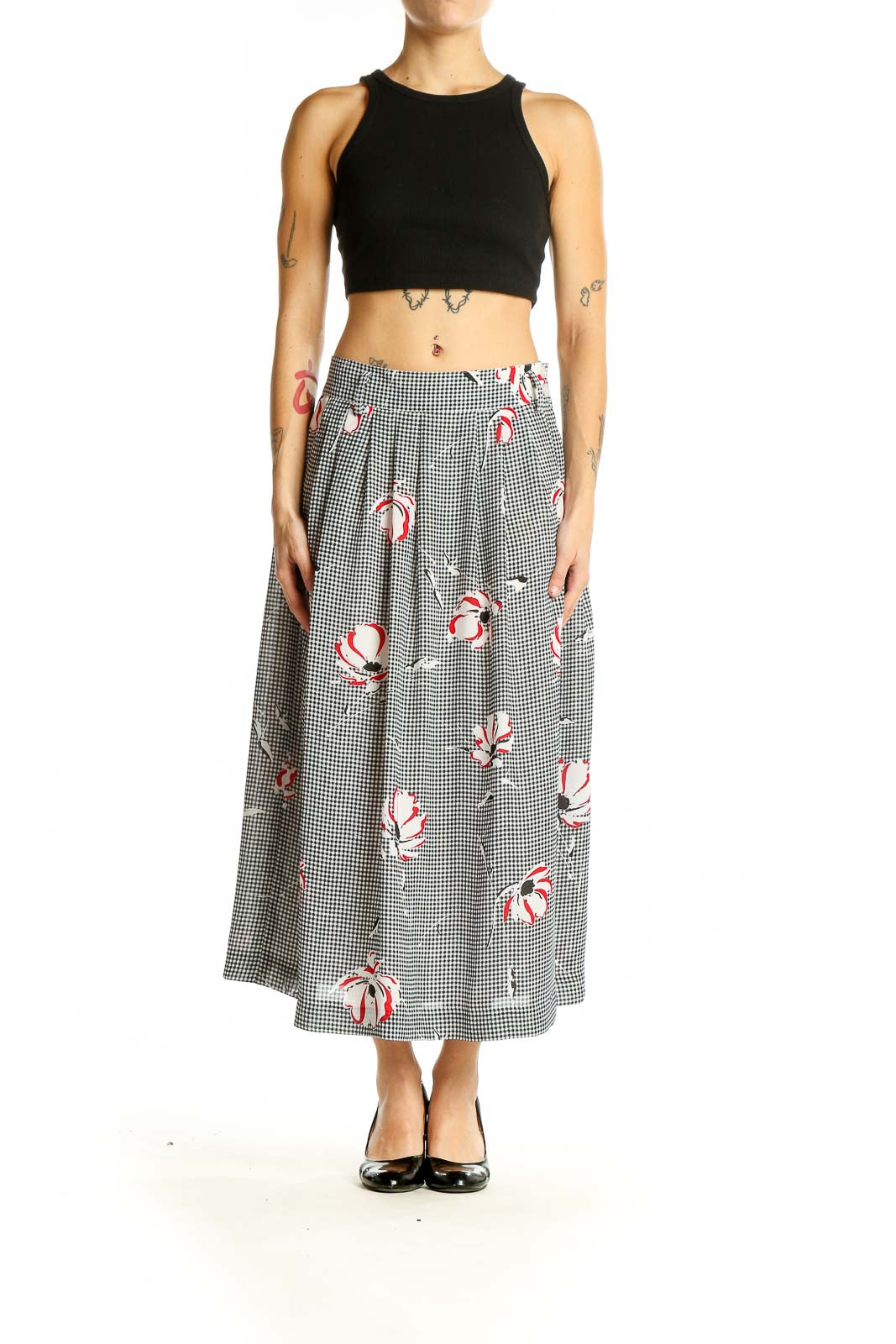 Front view of Jones New York black and white gingham midi skirt with red floral prints