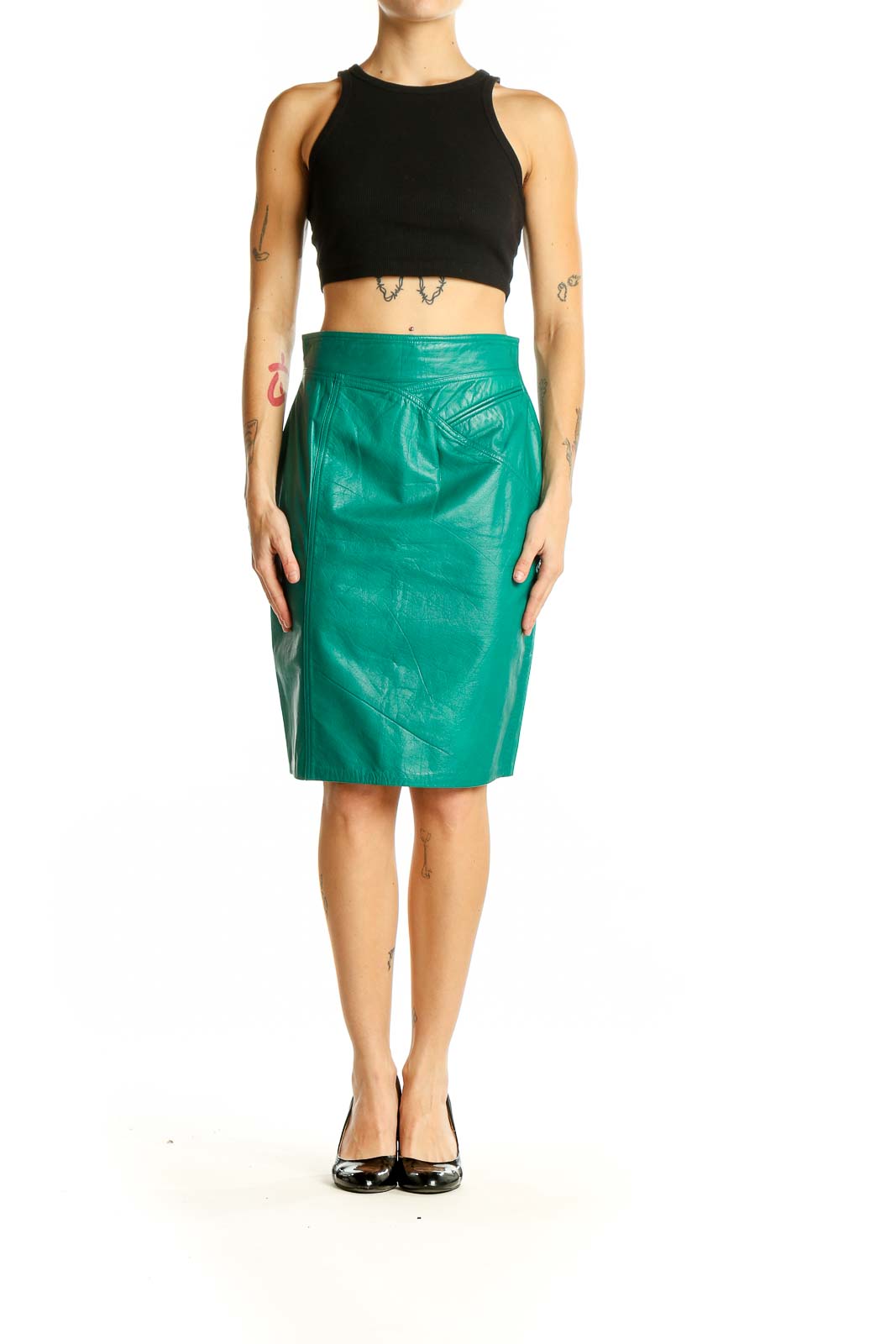 Front view of green leather pencil skirt by JOSEPH HO