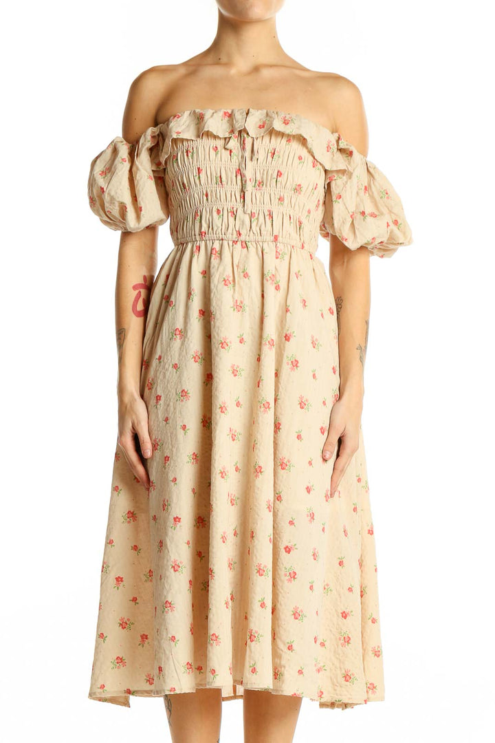 Front view of SilkRoll beige floral off-shoulder midi dress with smocked bodice