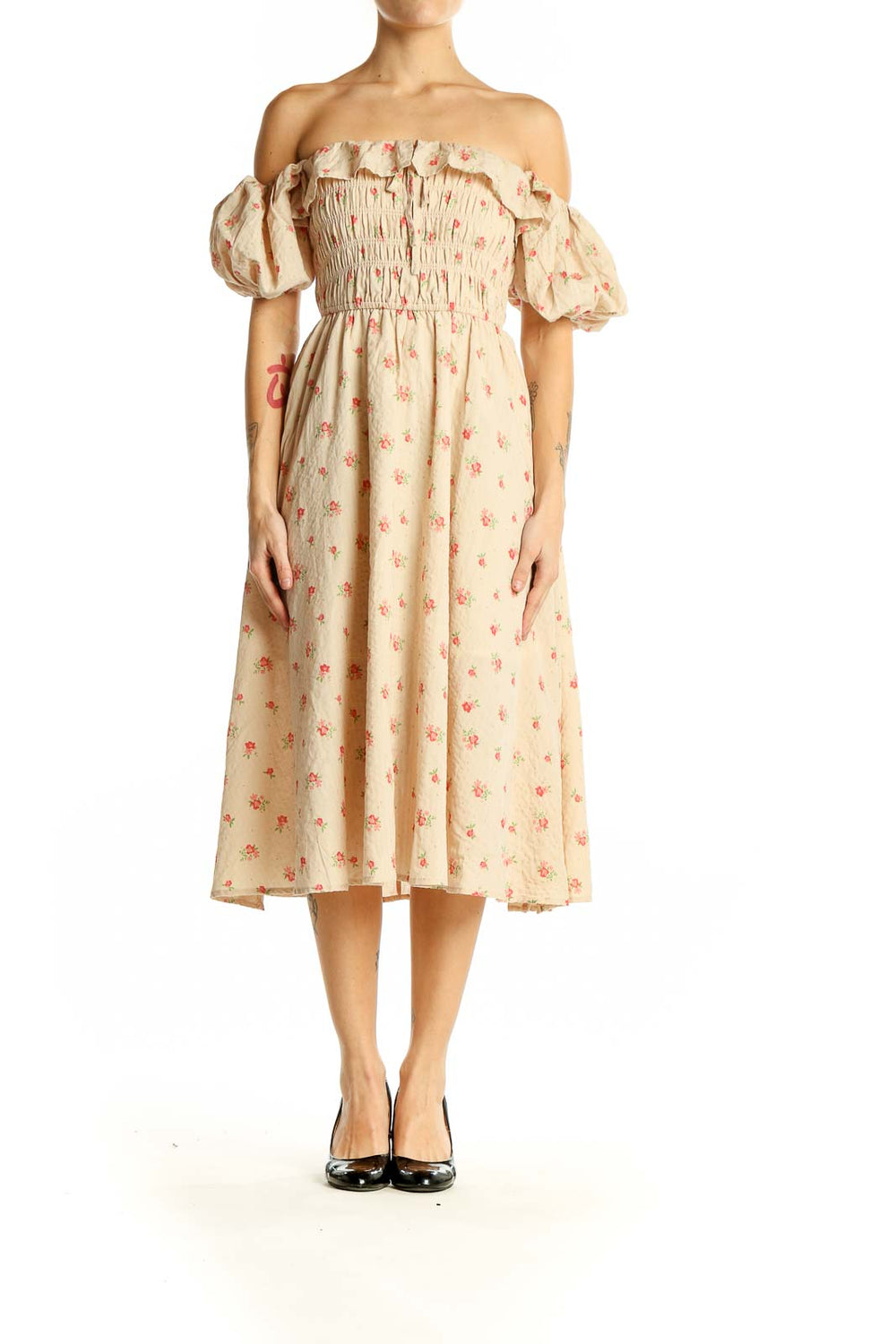 Front view of SilkRoll beige floral off-shoulder midi dress with smocked bodice