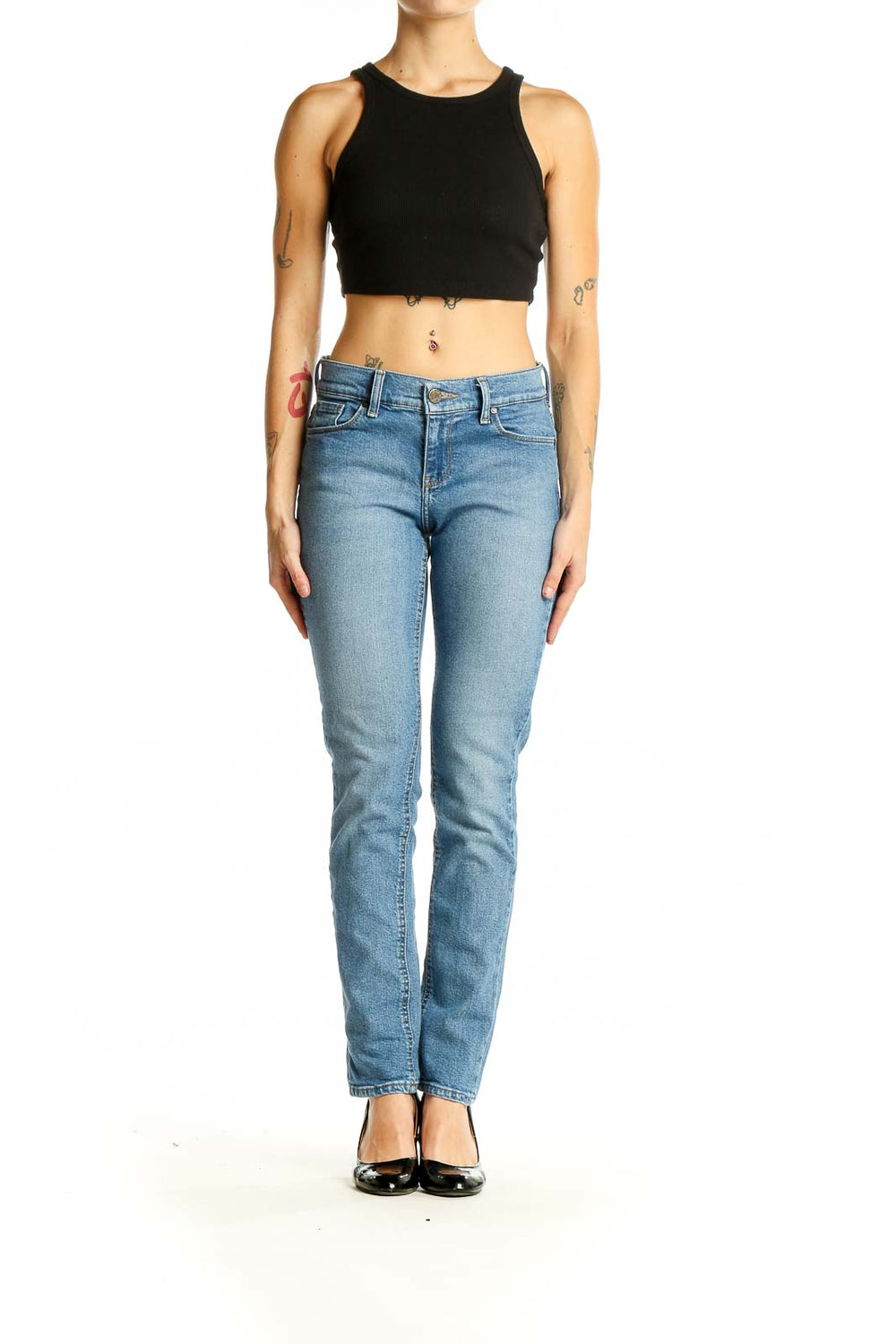 Front view of MOTT & BOW light blue straight leg jeans on model