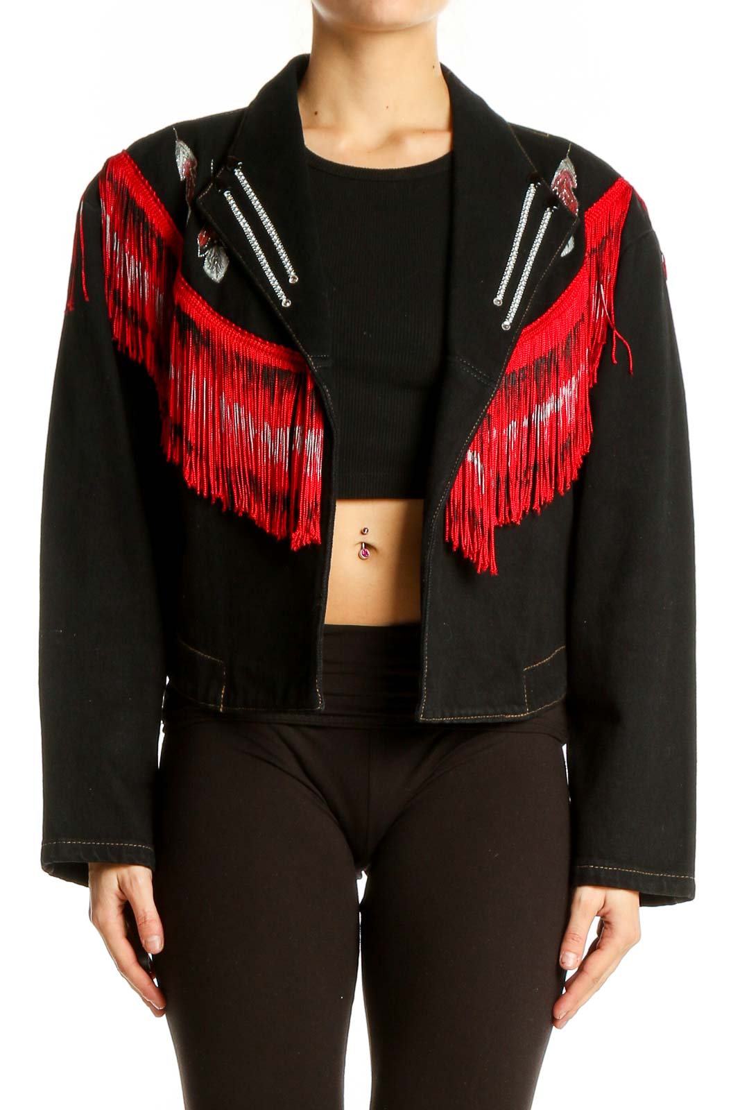 Front view of Wanted black denim jacket with red fringe and silver zipper accents