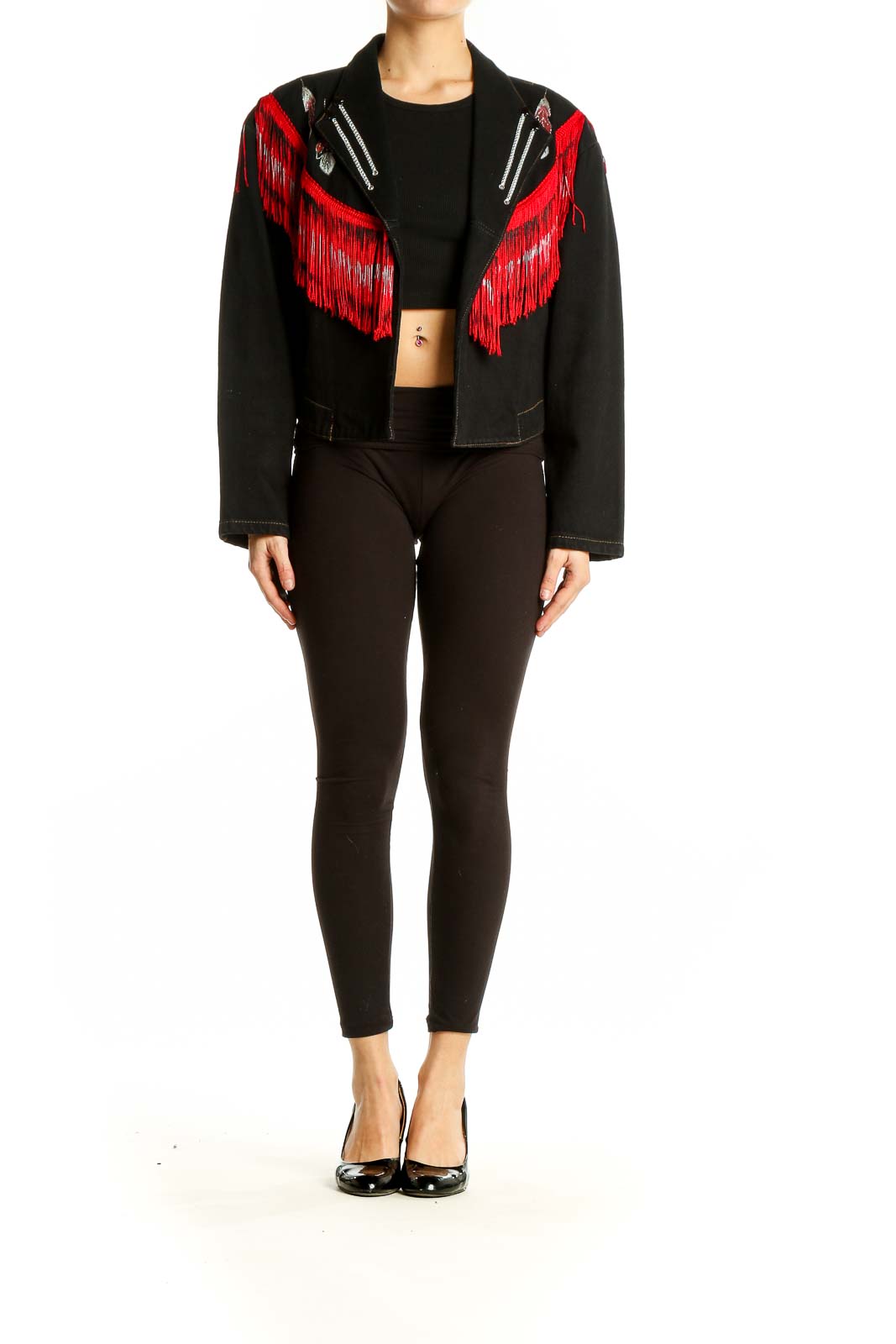 Front view of Wanted black denim jacket with red fringe and silver zipper accents