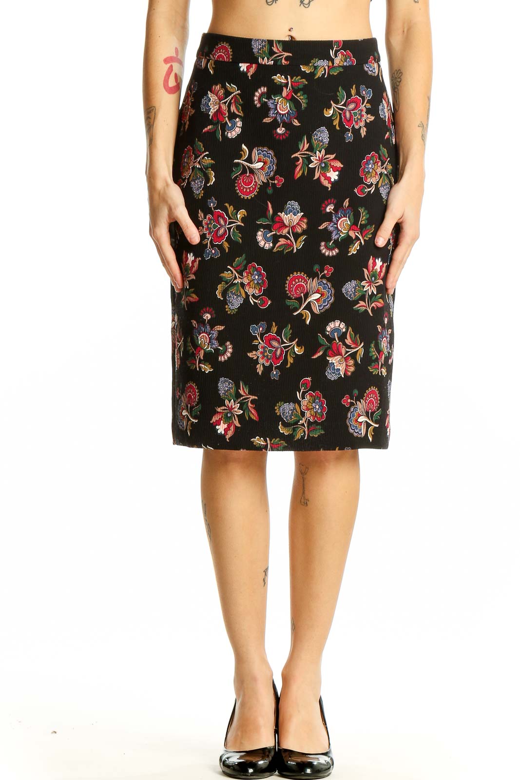 Front view of Ann Taylor black pencil skirt with colorful floral print