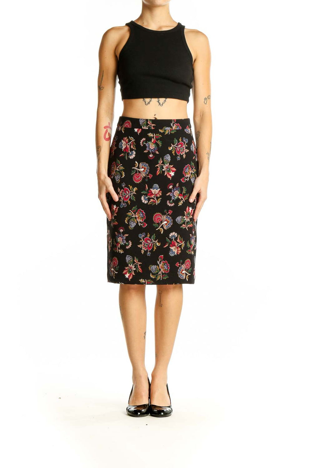 Front view of Ann Taylor black pencil skirt with colorful floral print