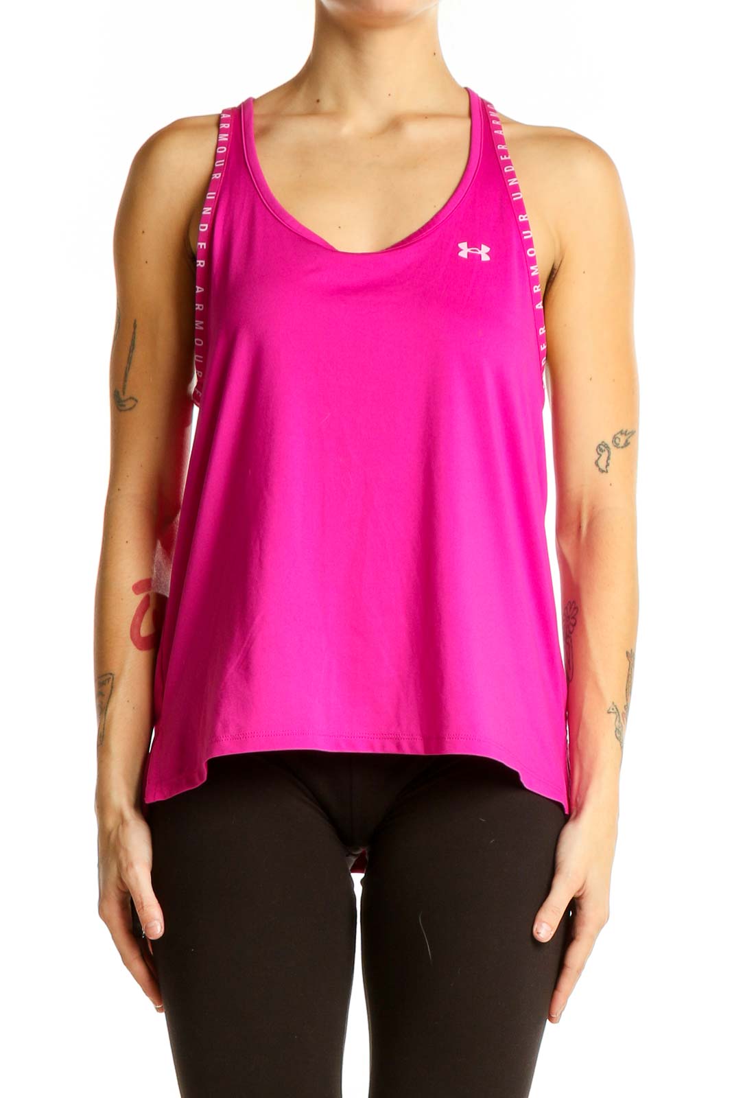 Front view of pink Under Armour racerback tank top with contrasting trim