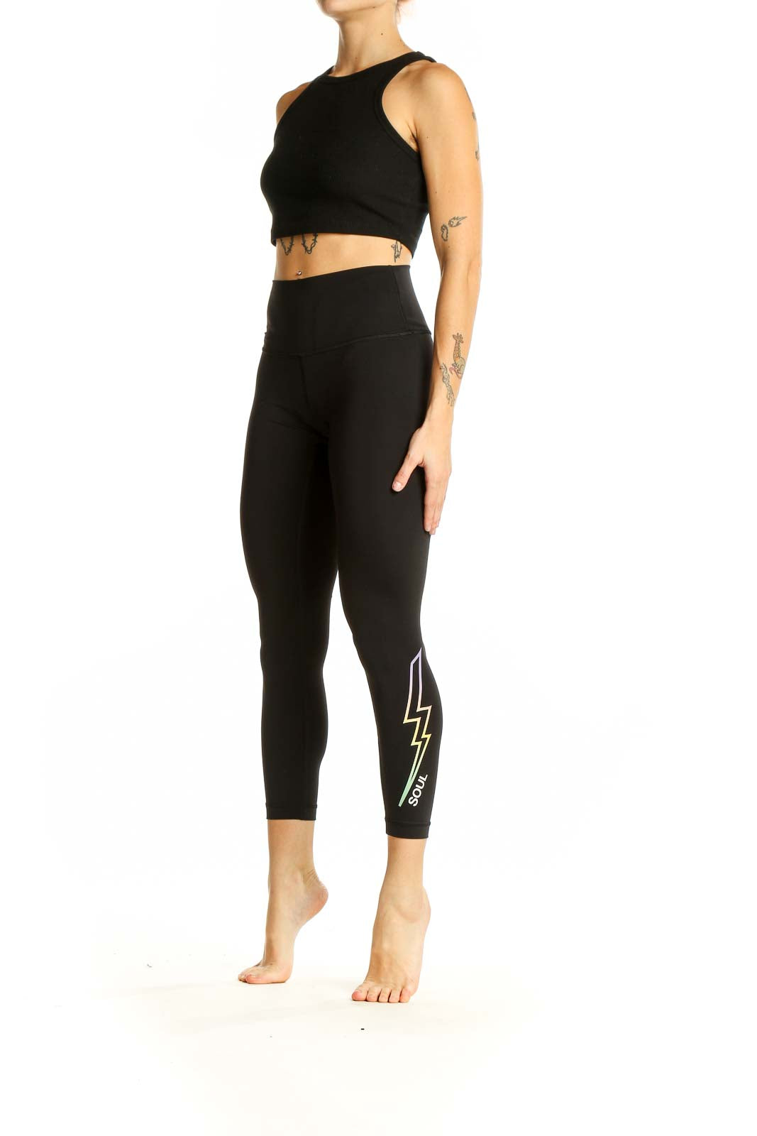 Front view of Lululemon black high-waisted performance leggings