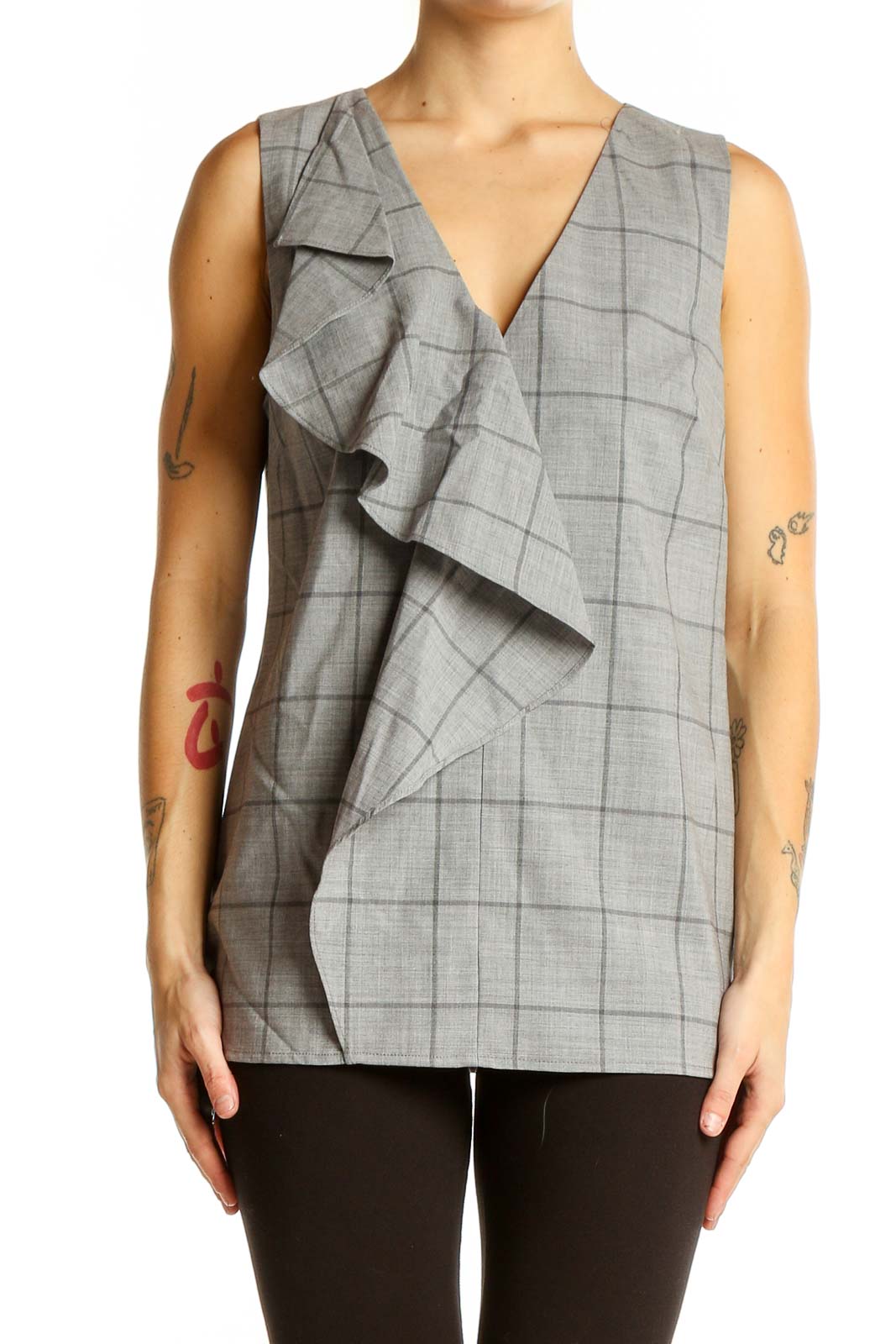 Front view of Banana Republic gray plaid sleeveless top with ruffle detail