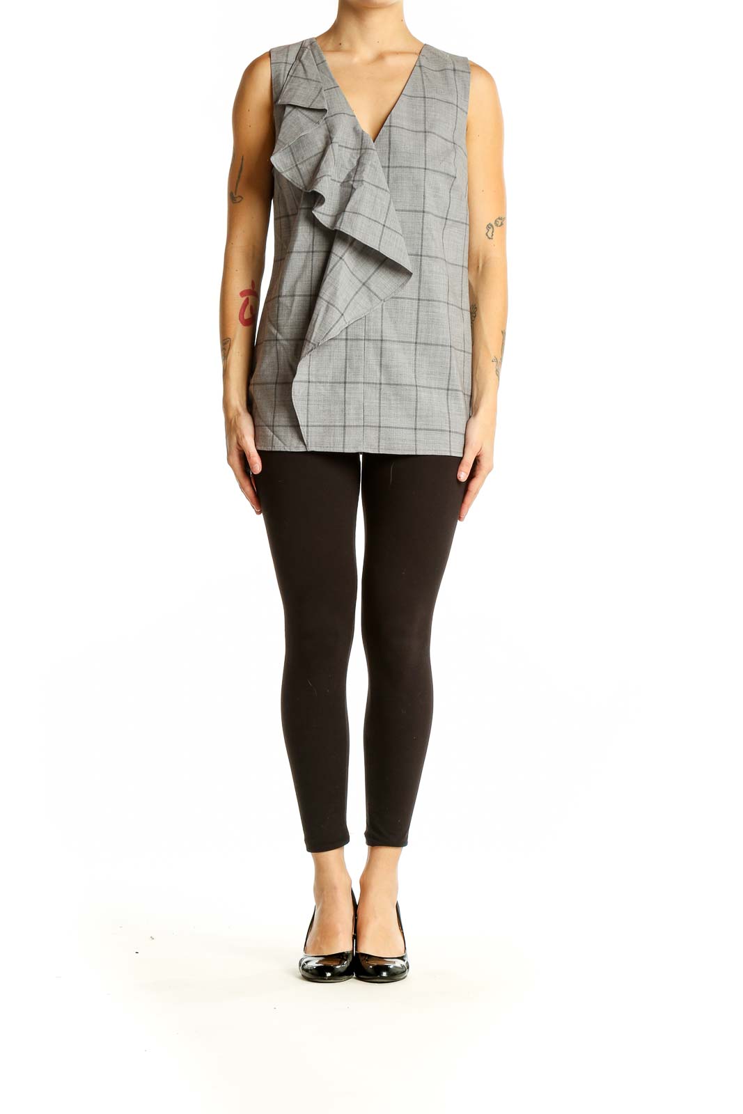 Front view of Banana Republic gray plaid sleeveless top with ruffle detail