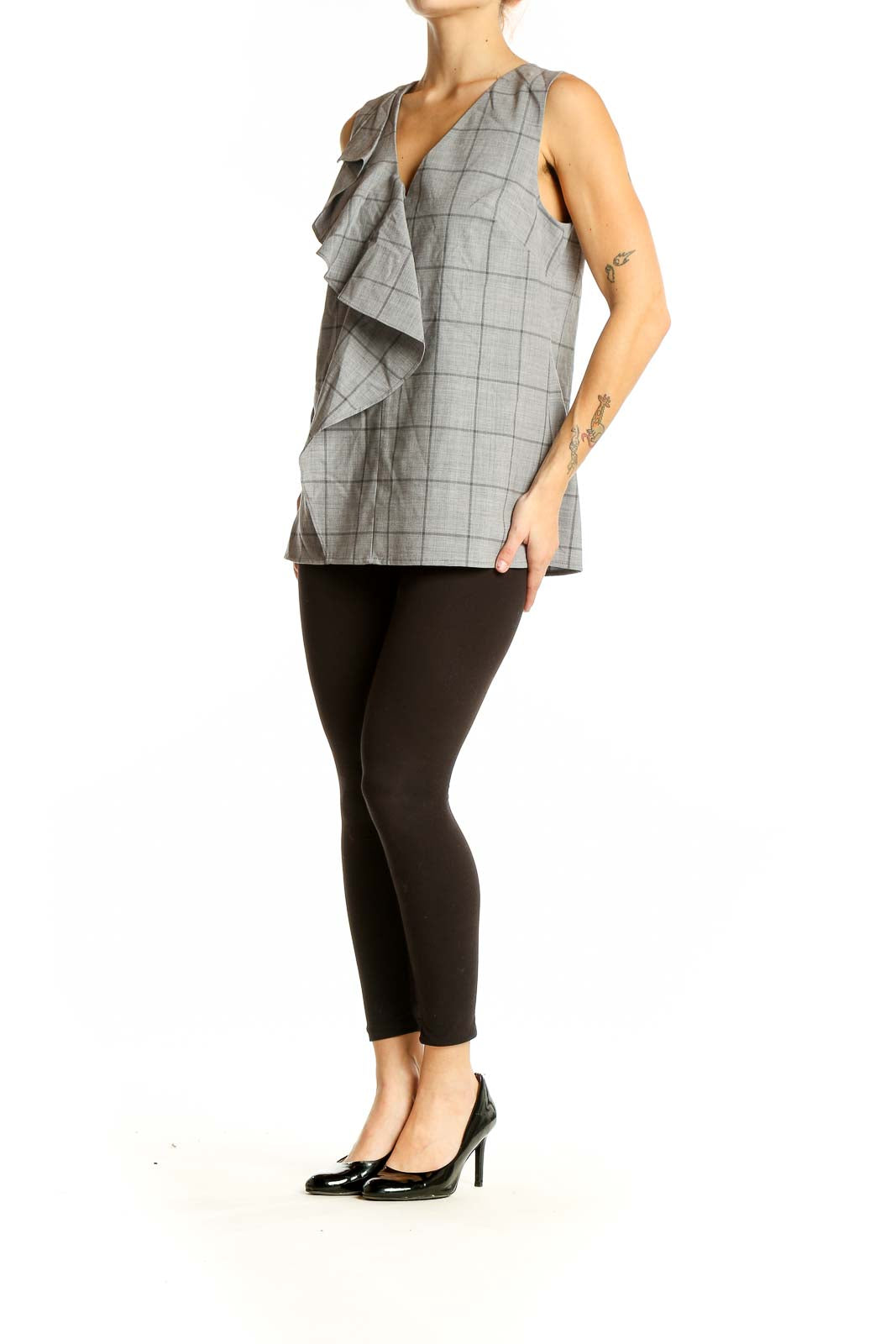 Front view of Banana Republic gray plaid sleeveless top with ruffle detail