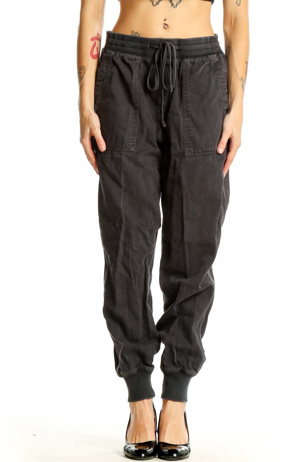 Front view of black Gap jogger pants with drawstring waist