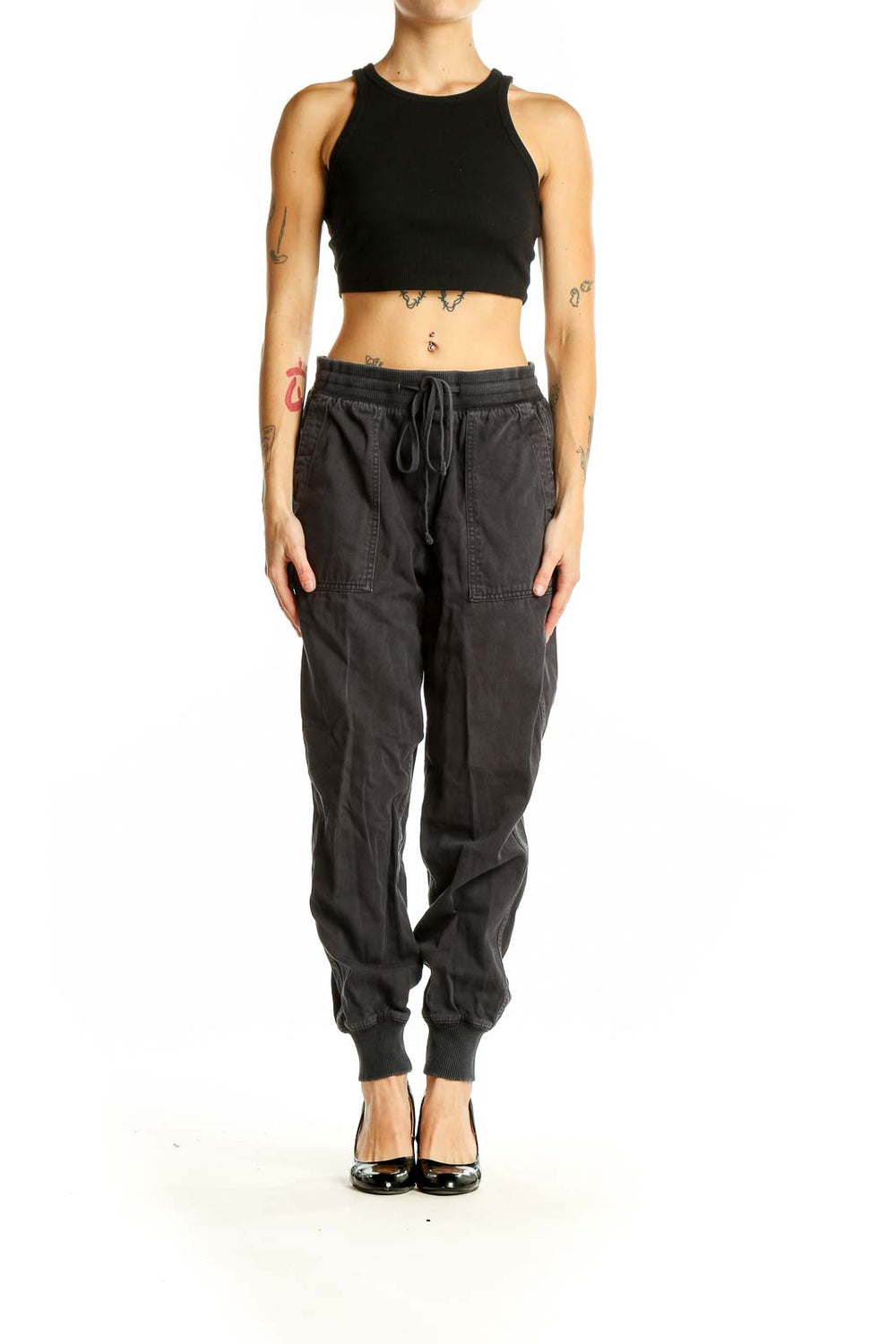 Front view of black Gap jogger pants with drawstring waist