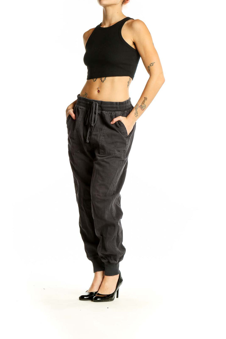 Front view of black Gap jogger pants with drawstring waist