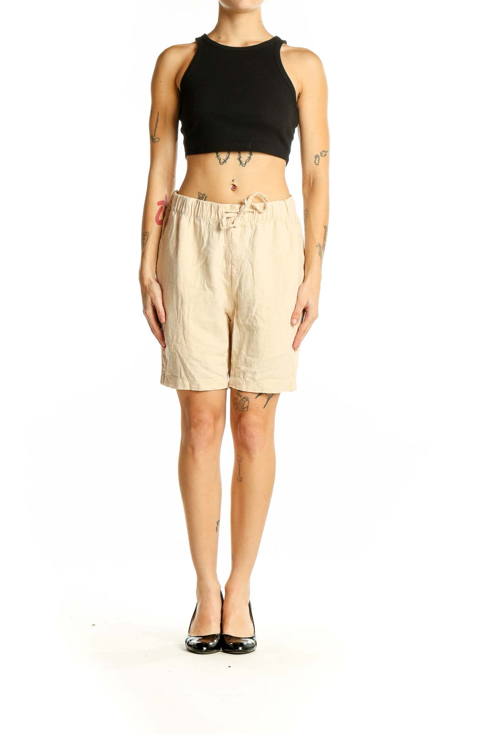 Front view of beige linen-blend drawstring shorts from onia