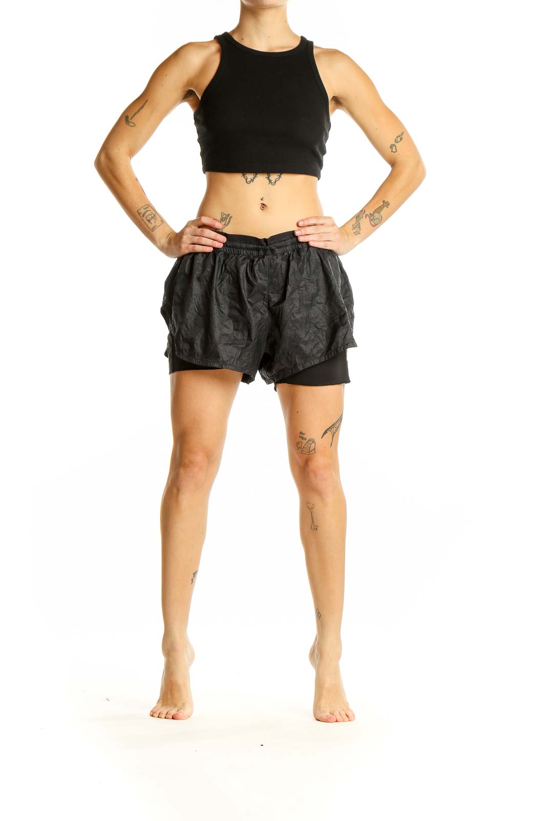 Front view of black Nike layered running shorts with crinkle-textured outer shell