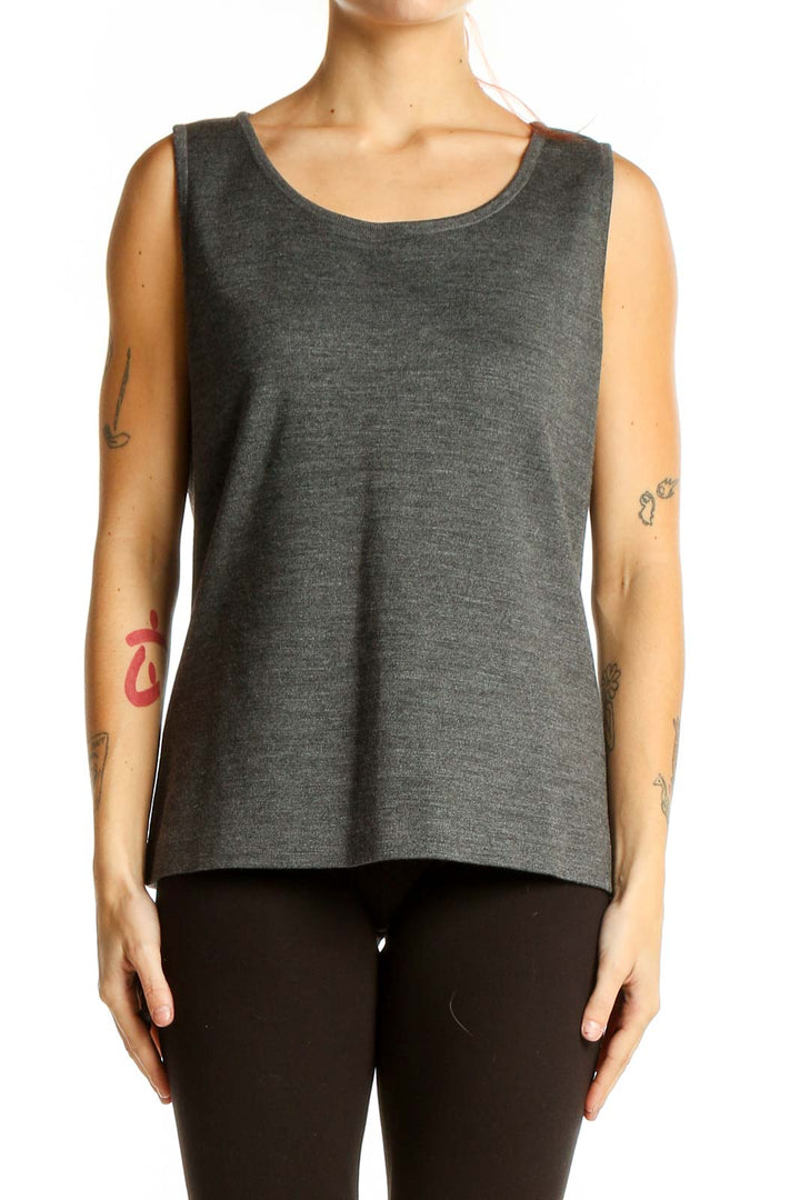 Front view of St. John gray sleeveless knit tank top on model