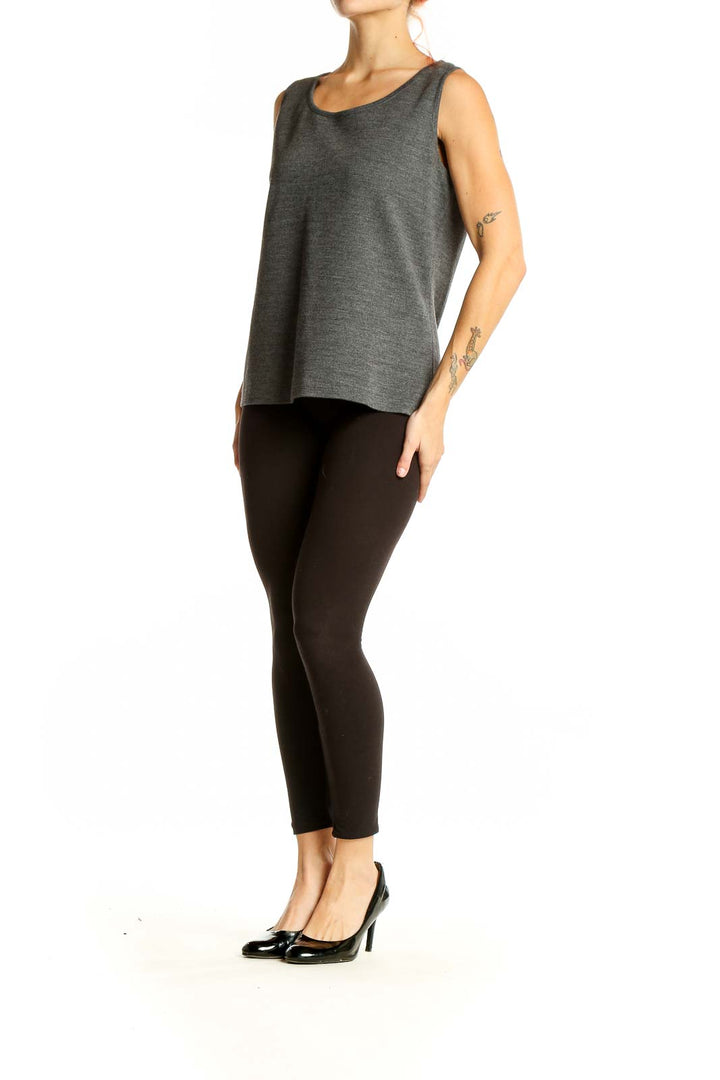 Front view of St. John gray sleeveless knit tank top on model