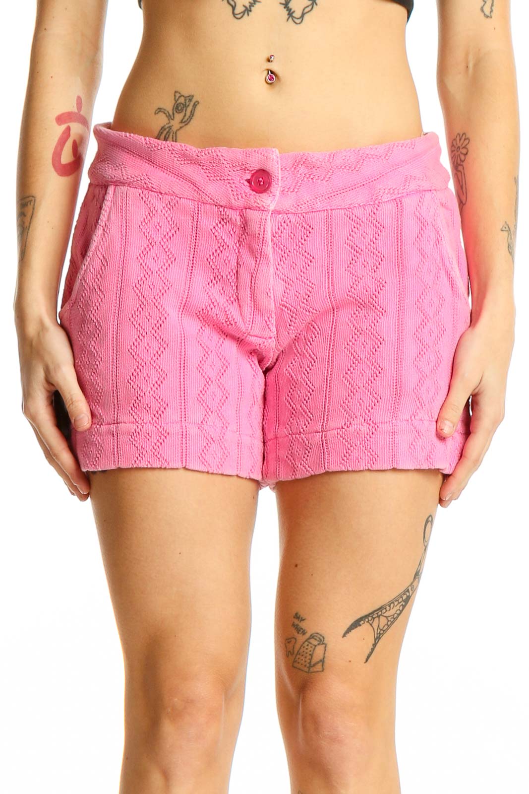 Front view of pink textured cotton shorts by MONROW