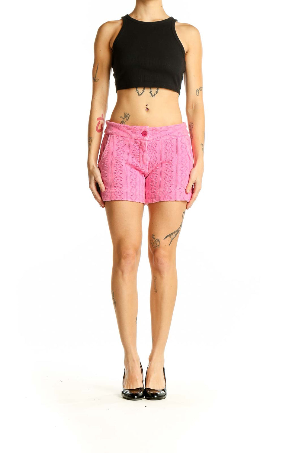 Front view of pink textured cotton shorts by MONROW