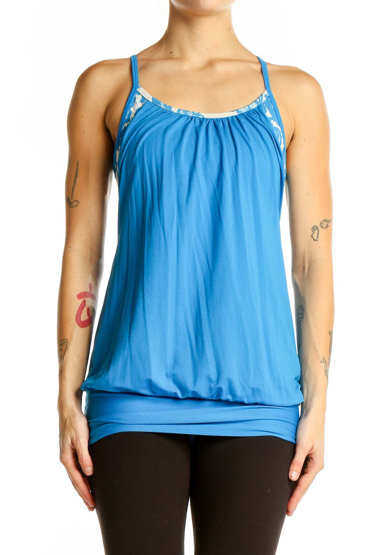 Front view of blue Lululemon athletic tank top with flowy design