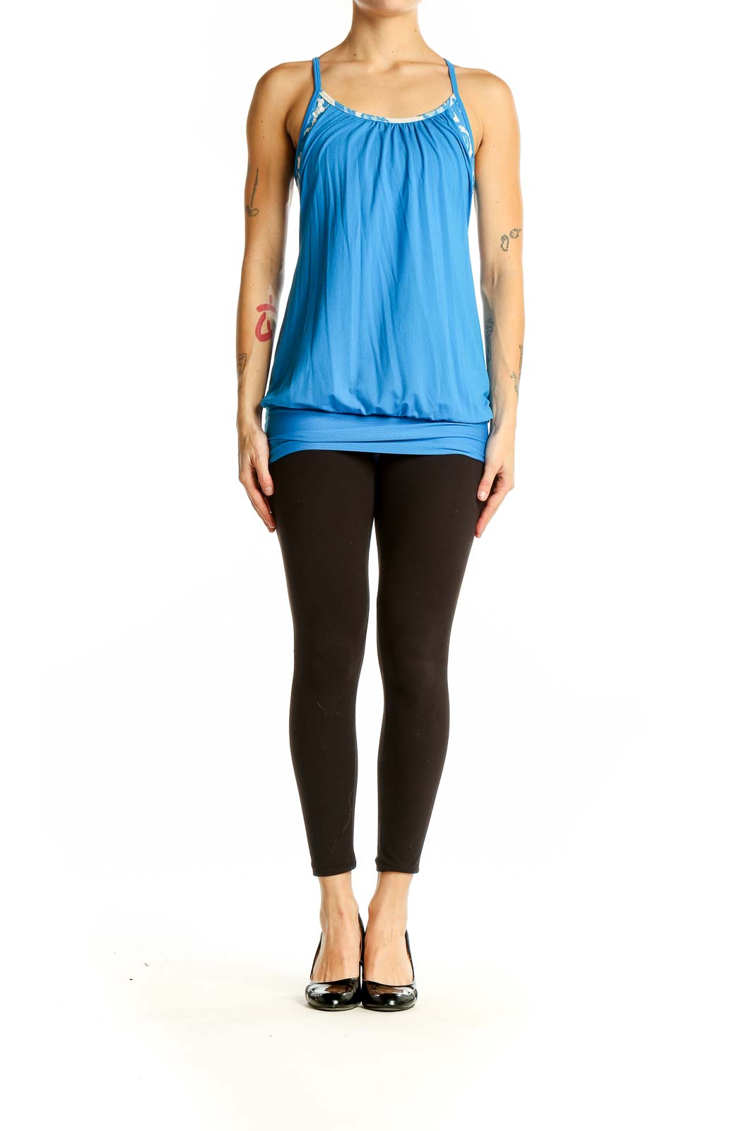 Front view of blue Lululemon athletic tank top with flowy design