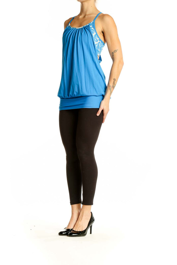 Front view of blue Lululemon athletic tank top with flowy design