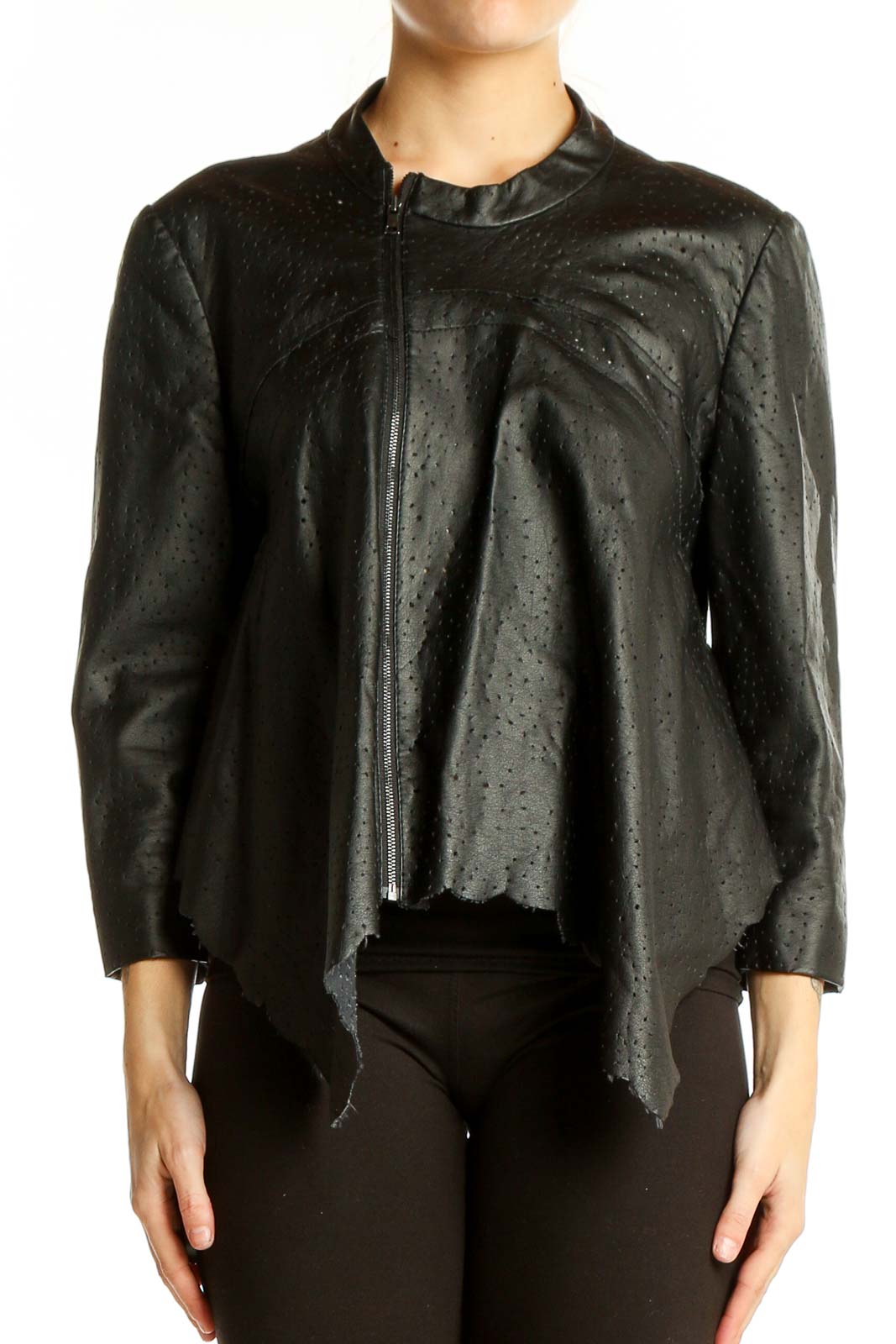 Front view of BCBG MaxAzria black perforated jacket with asymmetrical zip