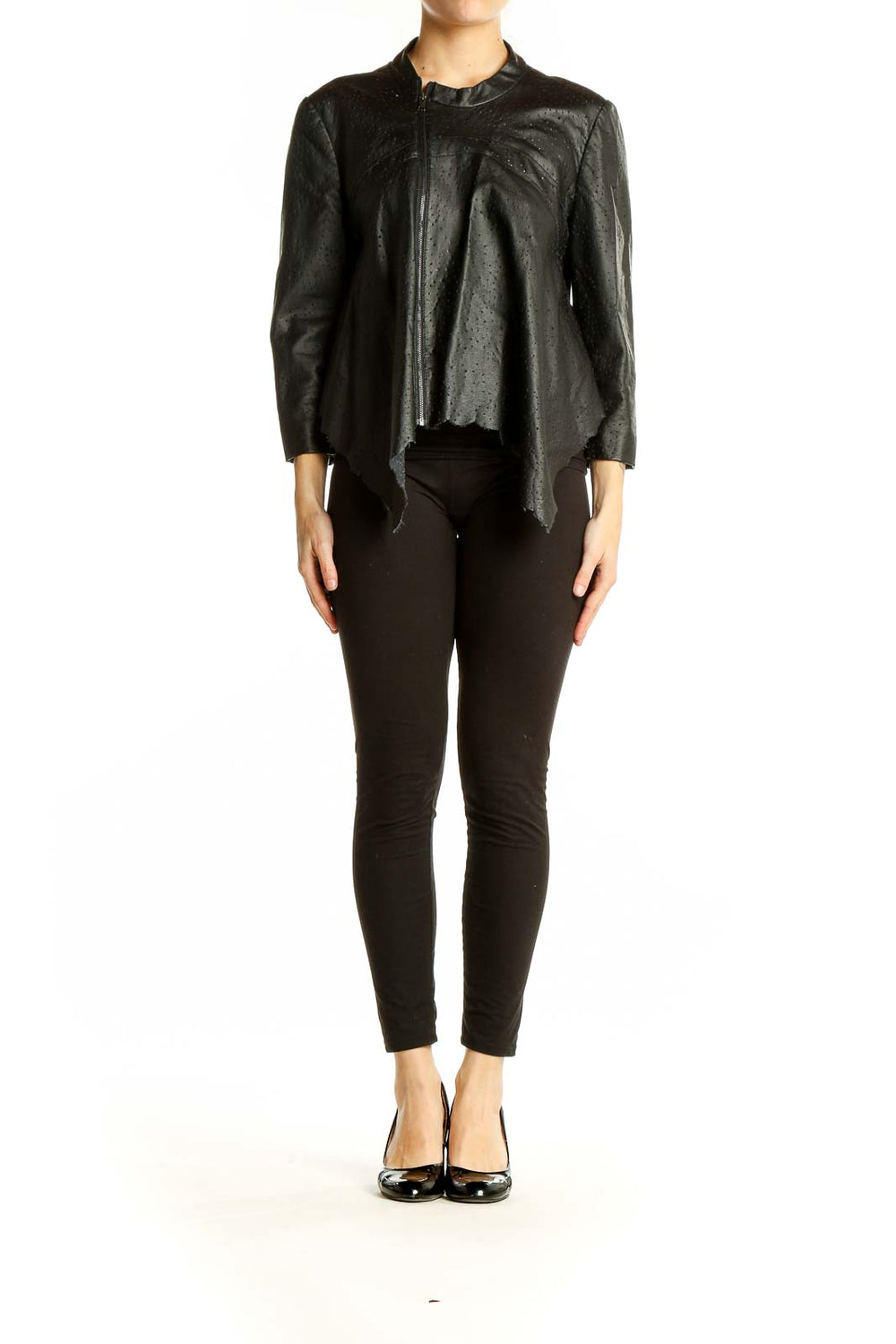 Front view of BCBG MaxAzria black perforated jacket with asymmetrical zip