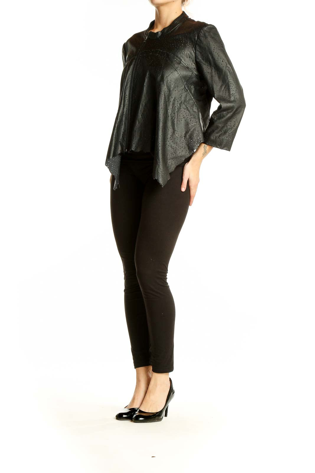 Front view of BCBG MaxAzria black perforated jacket with asymmetrical zip