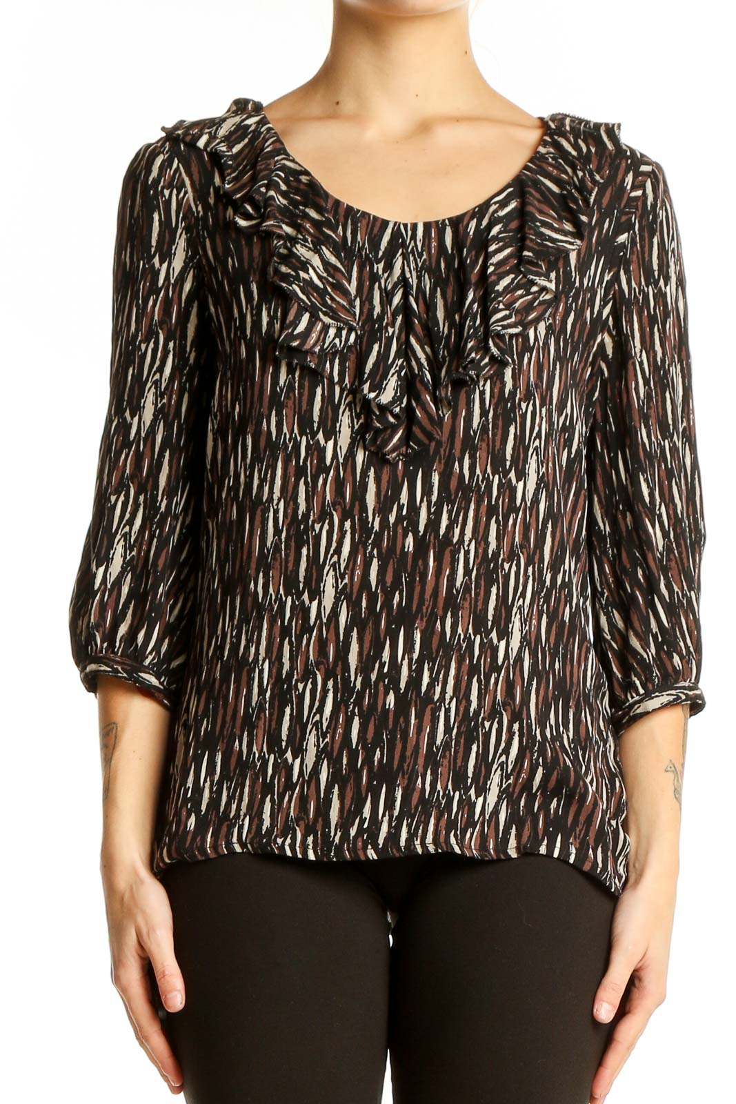 Front view of Tory Burch brown abstract print silk blouse with ruffled neckline