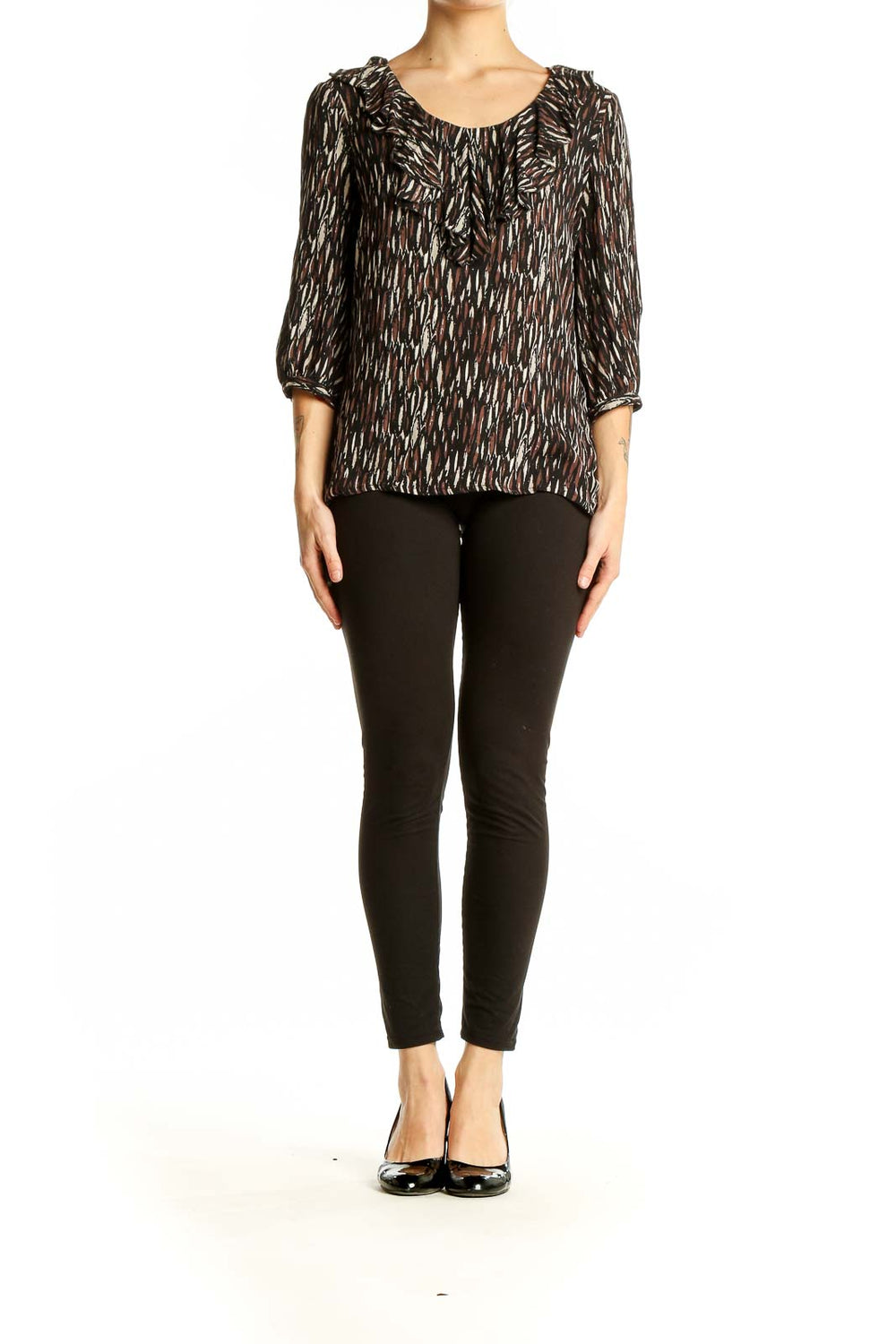 Front view of Tory Burch brown abstract print silk blouse with ruffled neckline