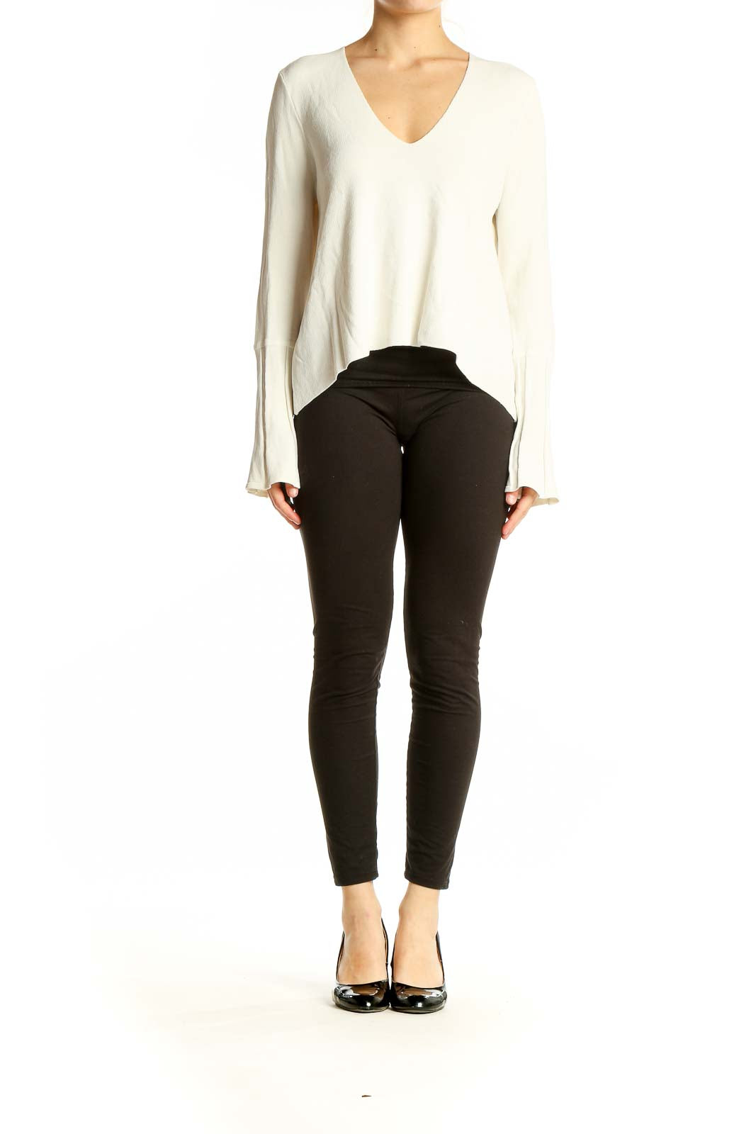 Front view of white ASOS V-neck top with bell sleeves