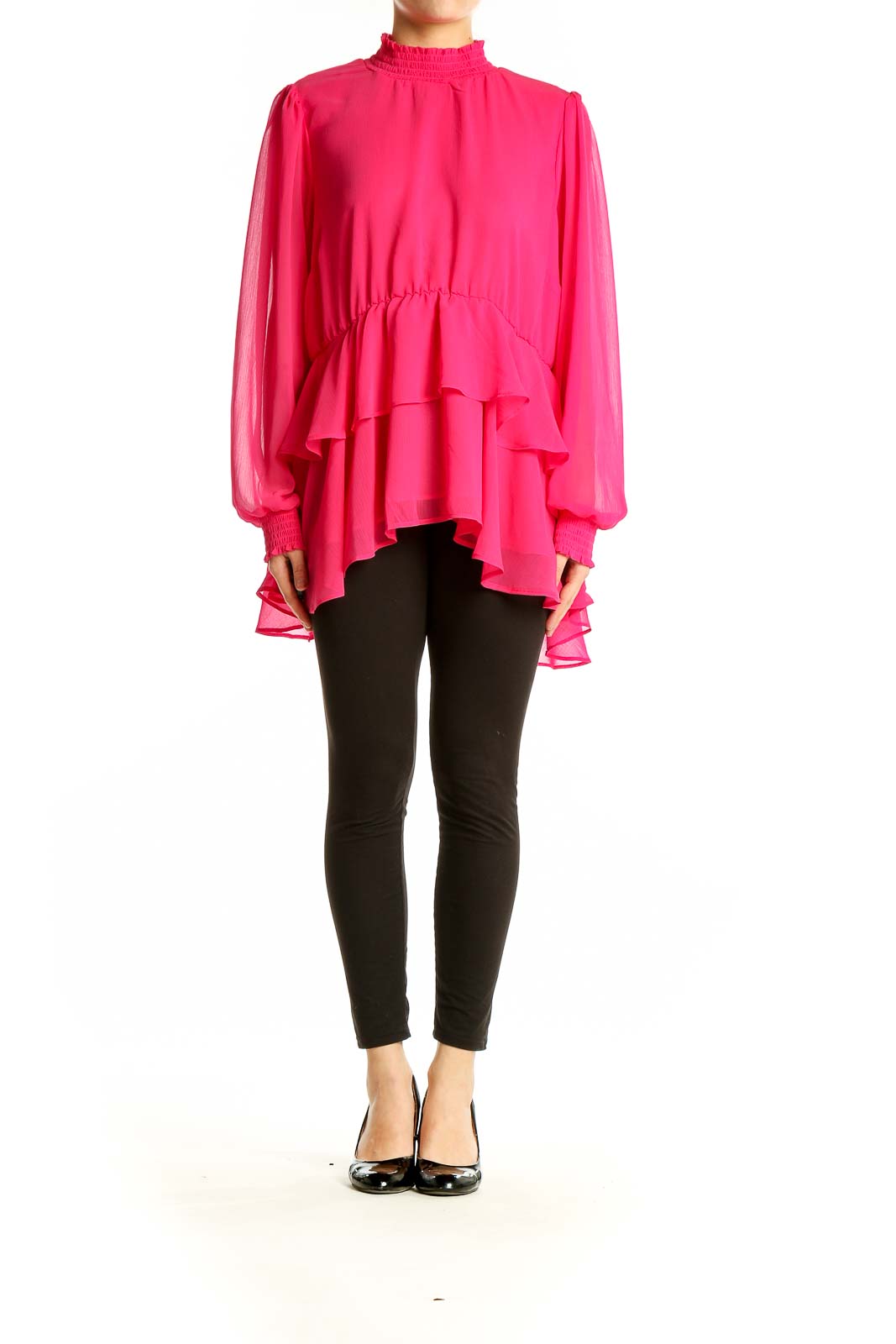 Front view of hot pink ruffled chiffon blouse from Torrid