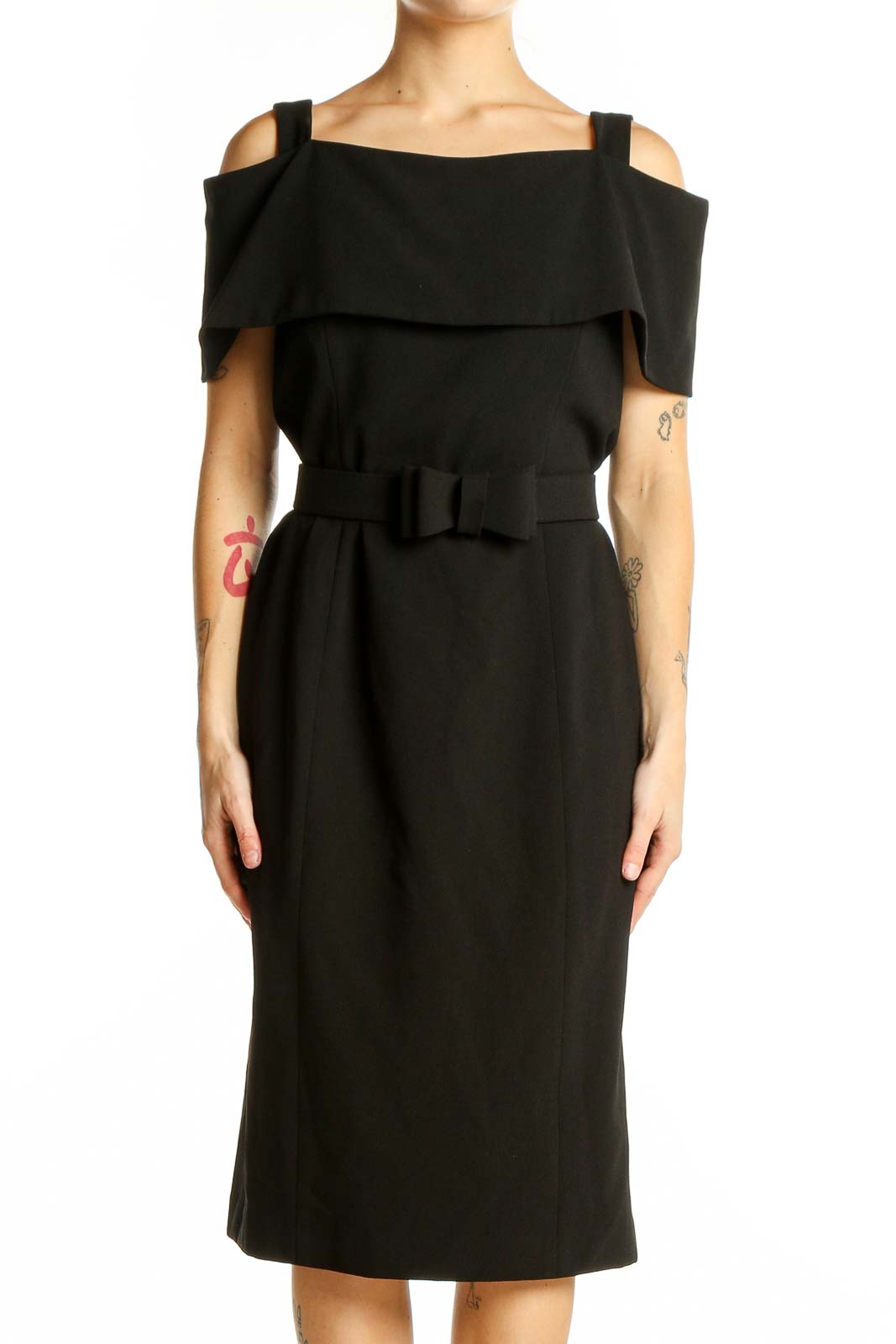 Front view of Nanette Nanette Lepore black off-shoulder belted midi dress