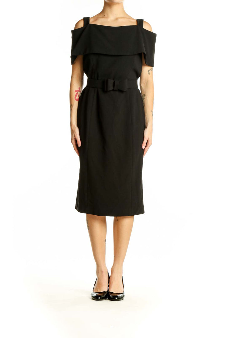 Front view of Nanette Nanette Lepore black off-shoulder belted midi dress